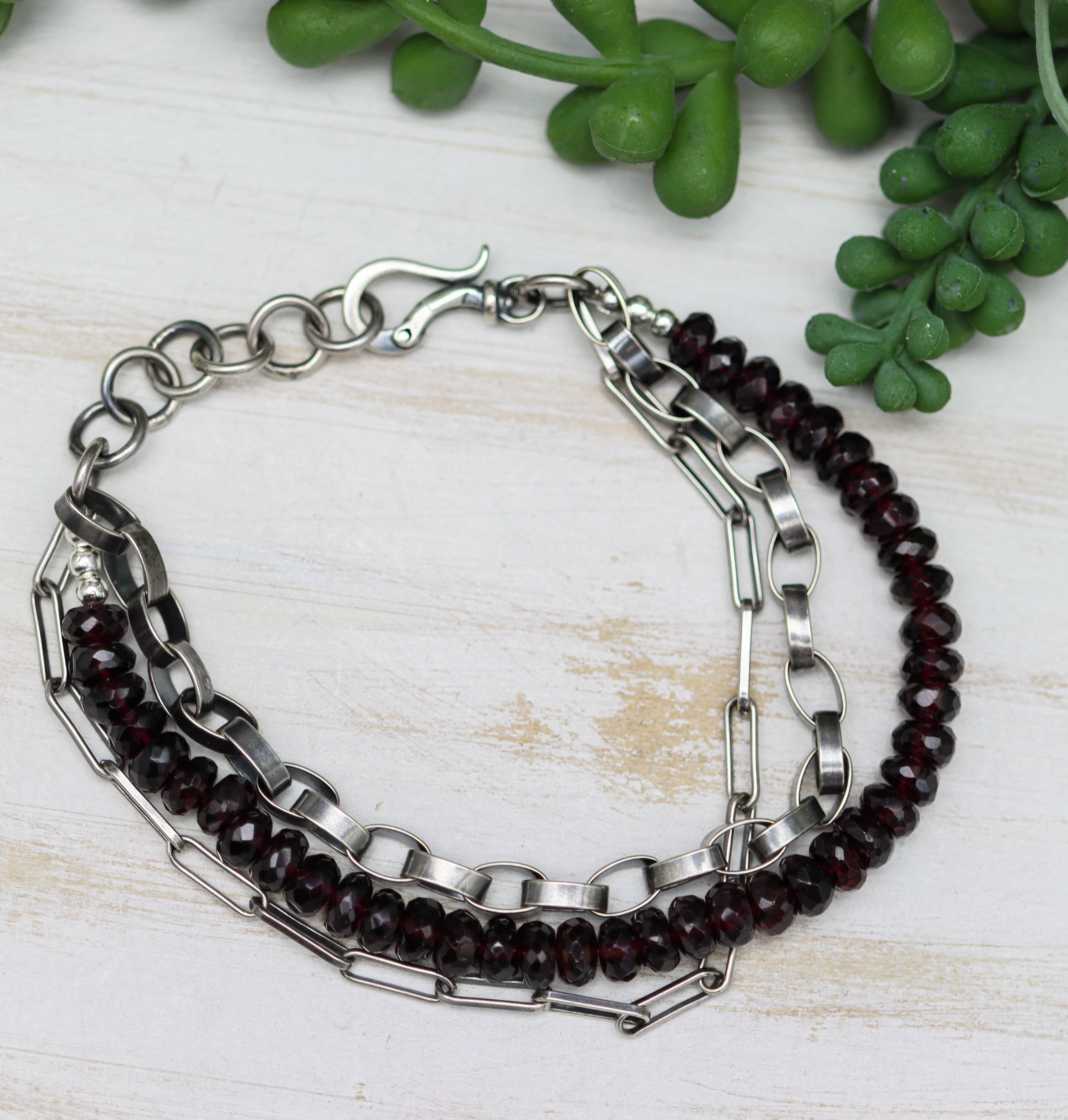Garnet & Sterling Silver Triple Strand Bracelet