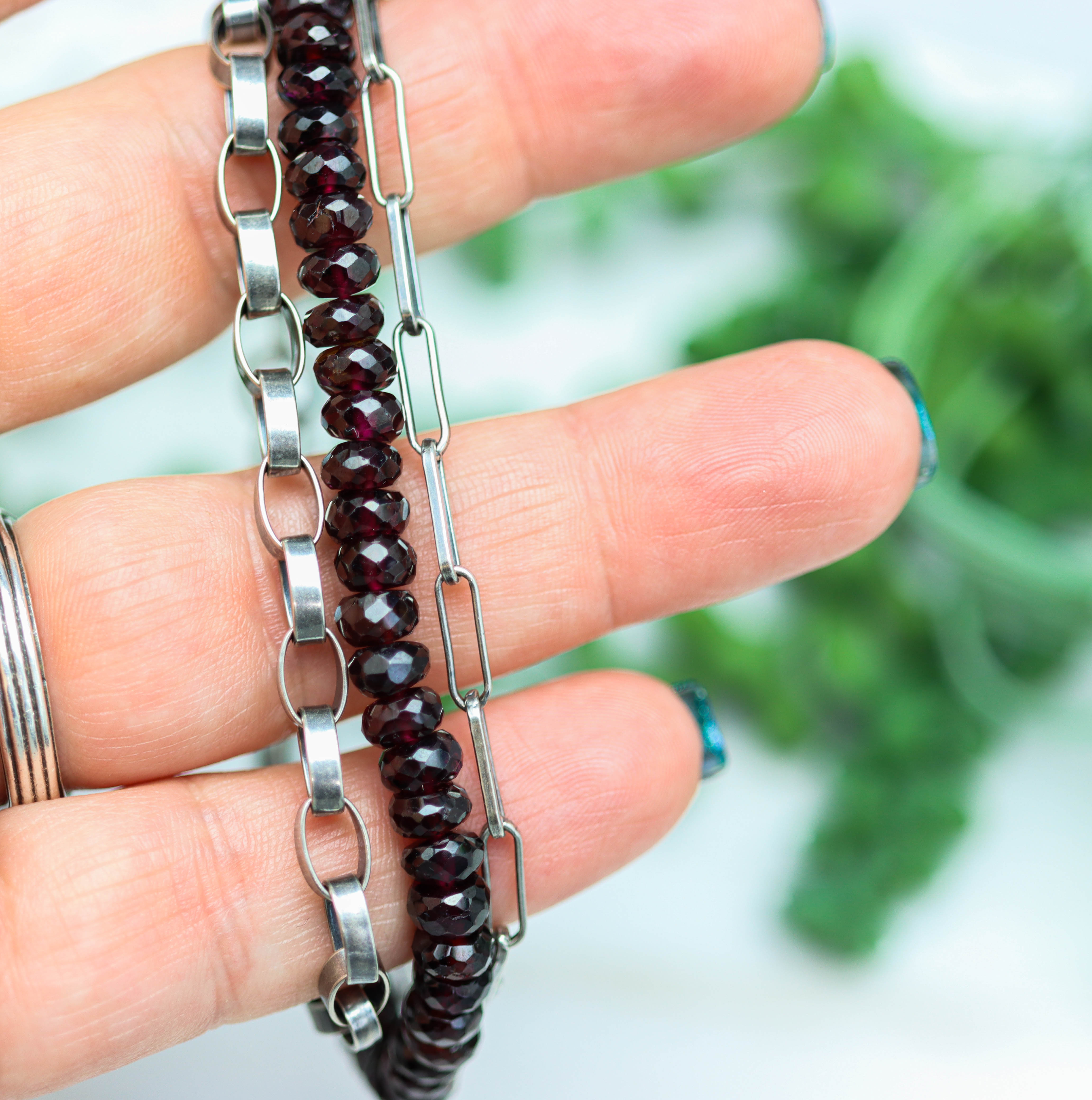Garnet & Sterling Silver Triple Strand Bracelet