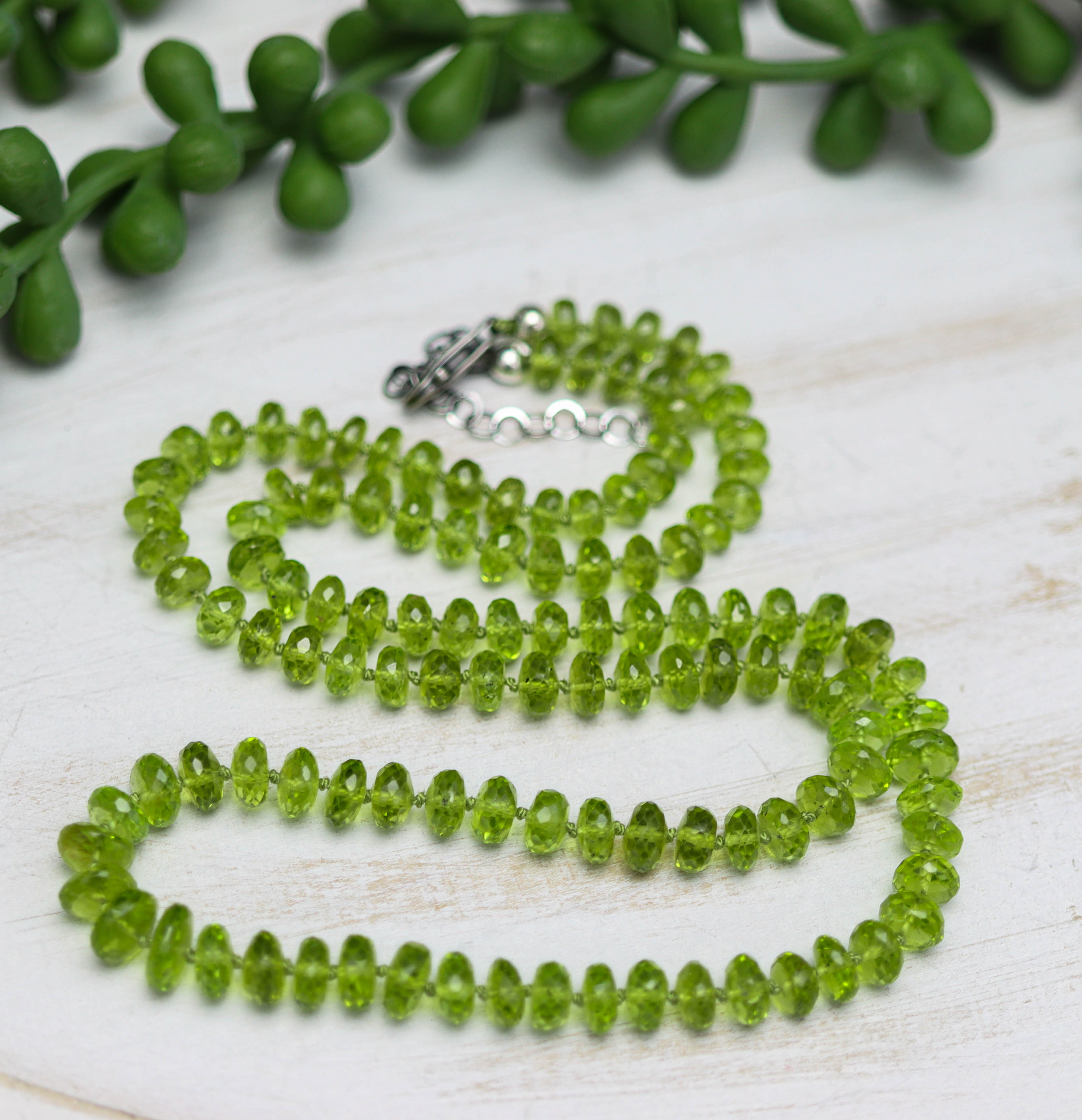 Green Peridot Hand Knotted Bead Necklace Sterling Silver