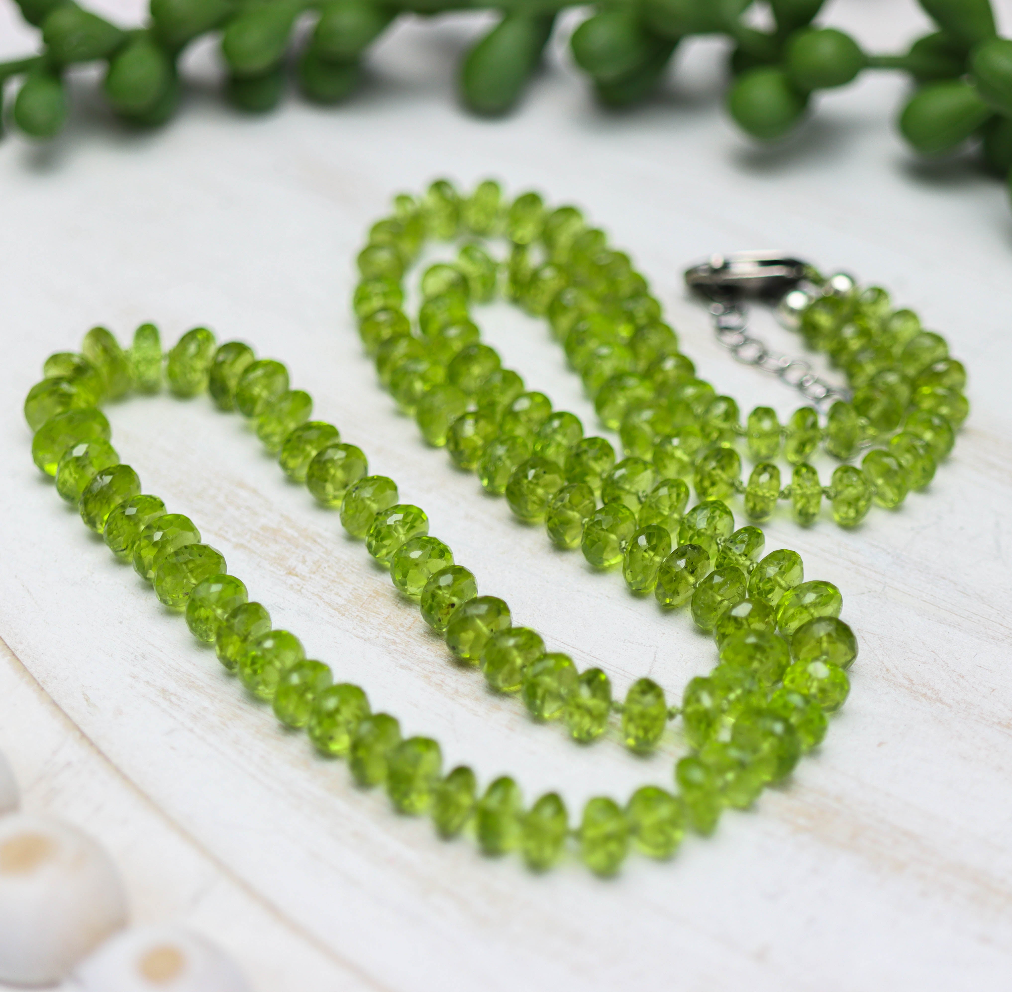 Green Peridot Hand Knotted Bead Necklace Sterling Silver