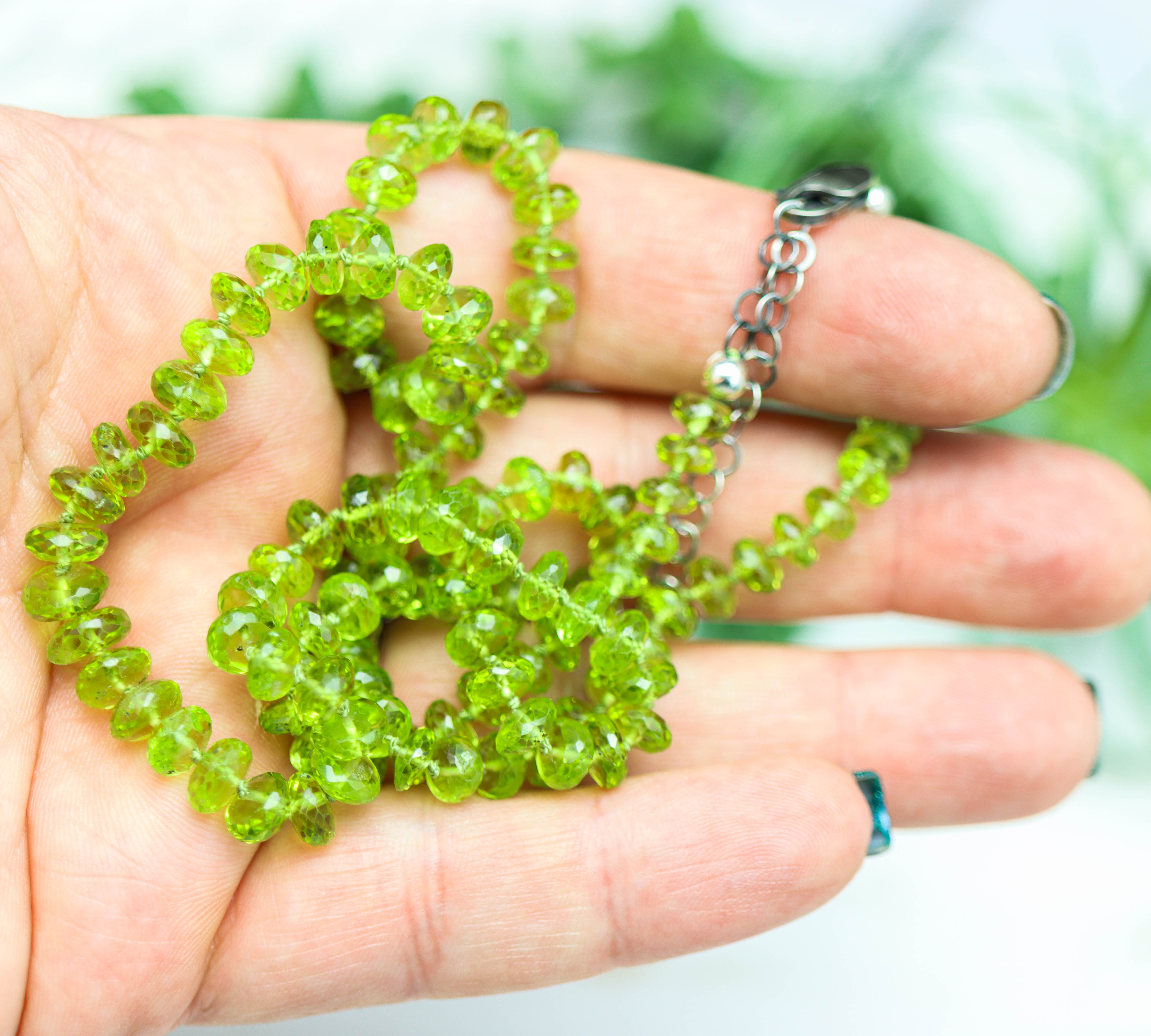 Green Peridot Hand Knotted Bead Necklace Sterling Silver