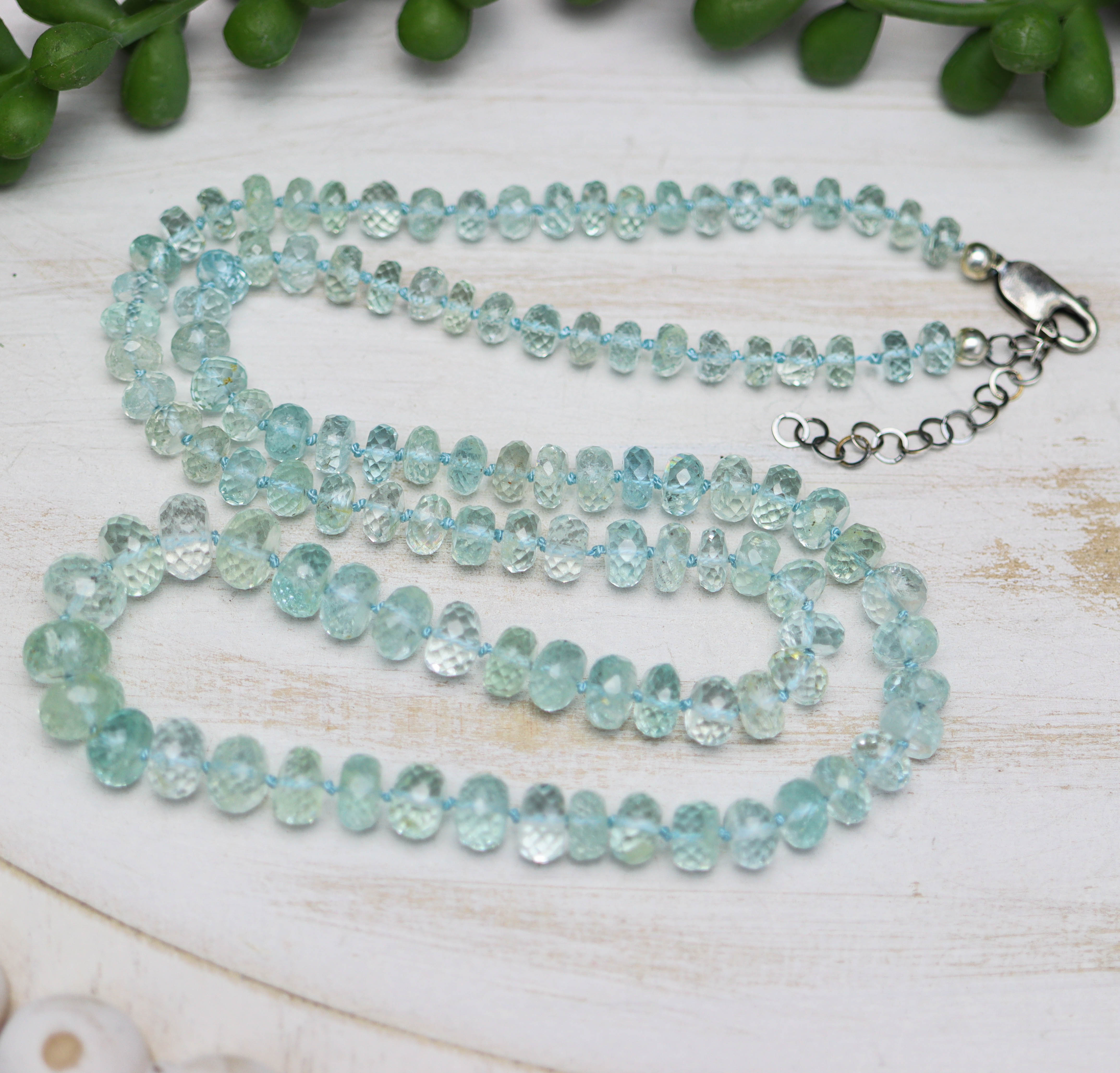 Icy Blue Aquamarine Hand Knotted Bead Necklace Sterling Silver