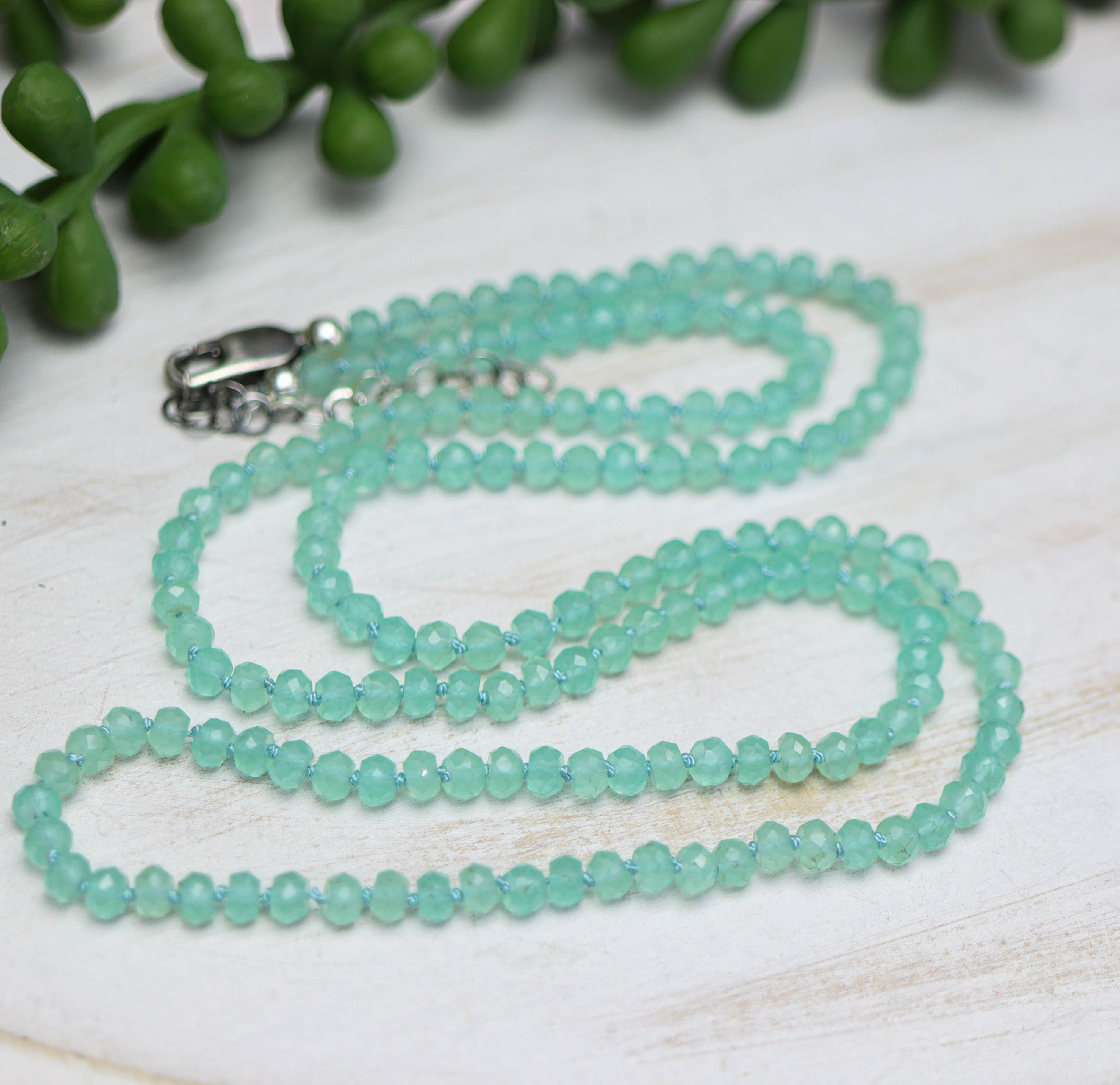 Aqua Chalcedony Hand Knotted Bead Necklace Sterling Silver