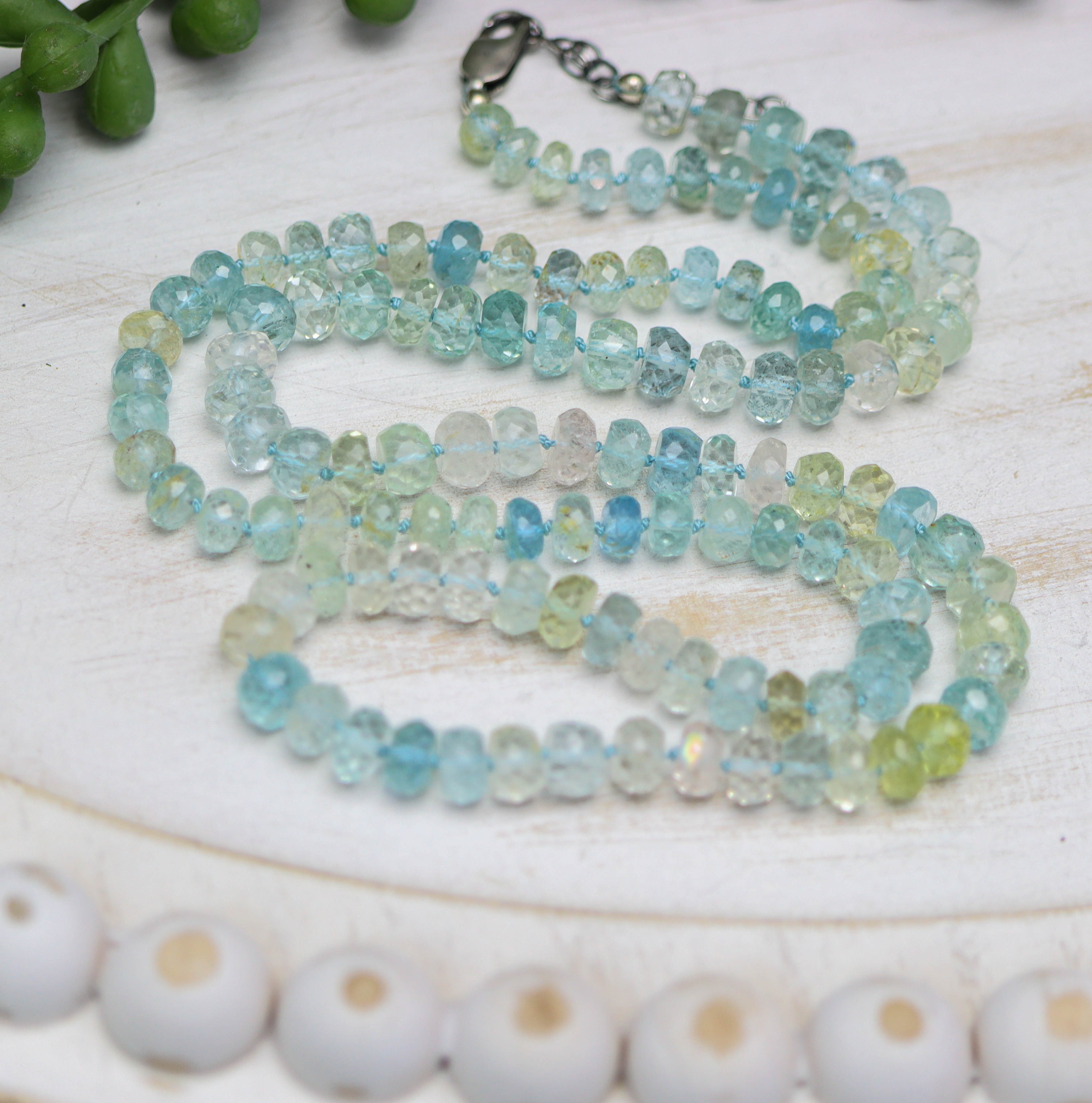 Multi Aquamarine Hand Knotted Bead Necklace Sterling Silver