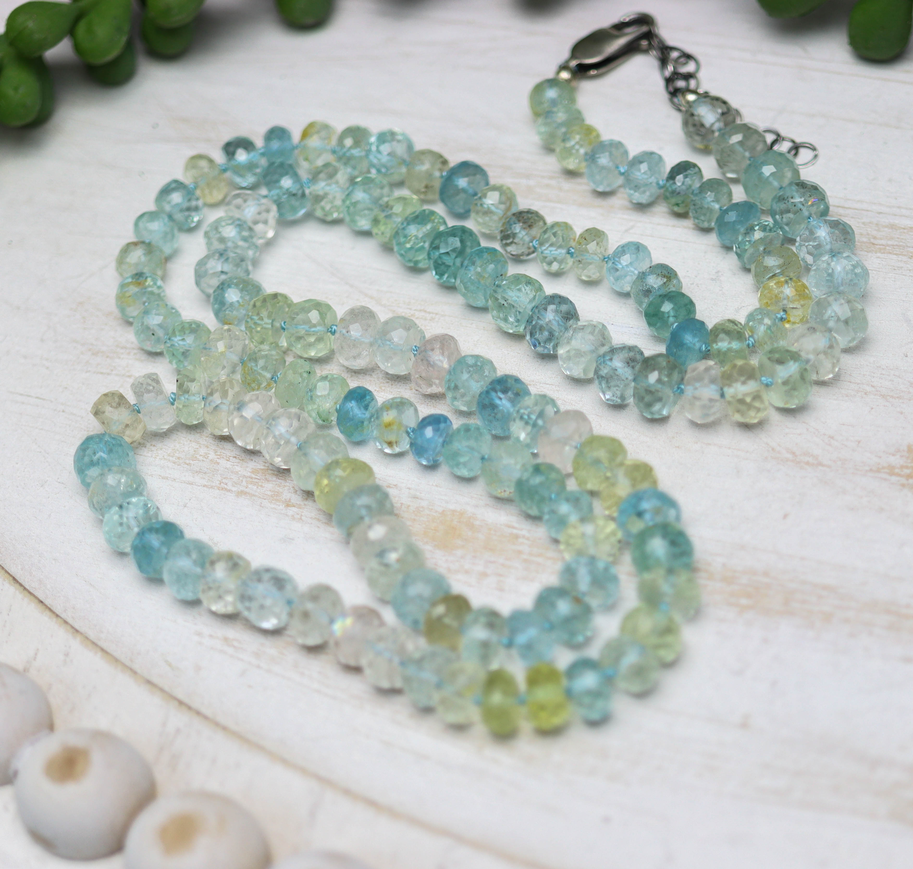 Multi Aquamarine Hand Knotted Bead Necklace Sterling Silver