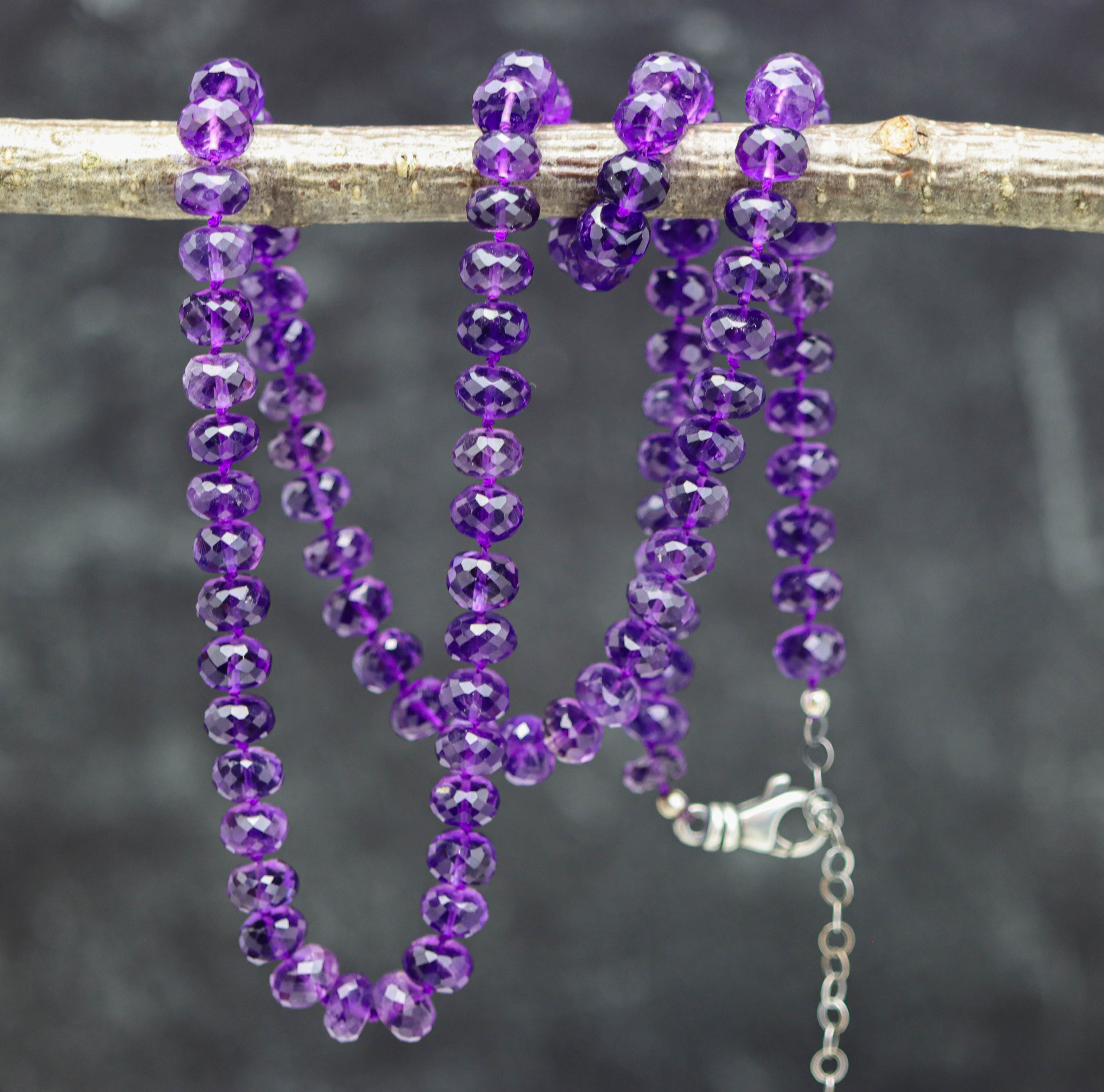 Amethyst Hand Knotted Bead Necklace Sterling Silver
