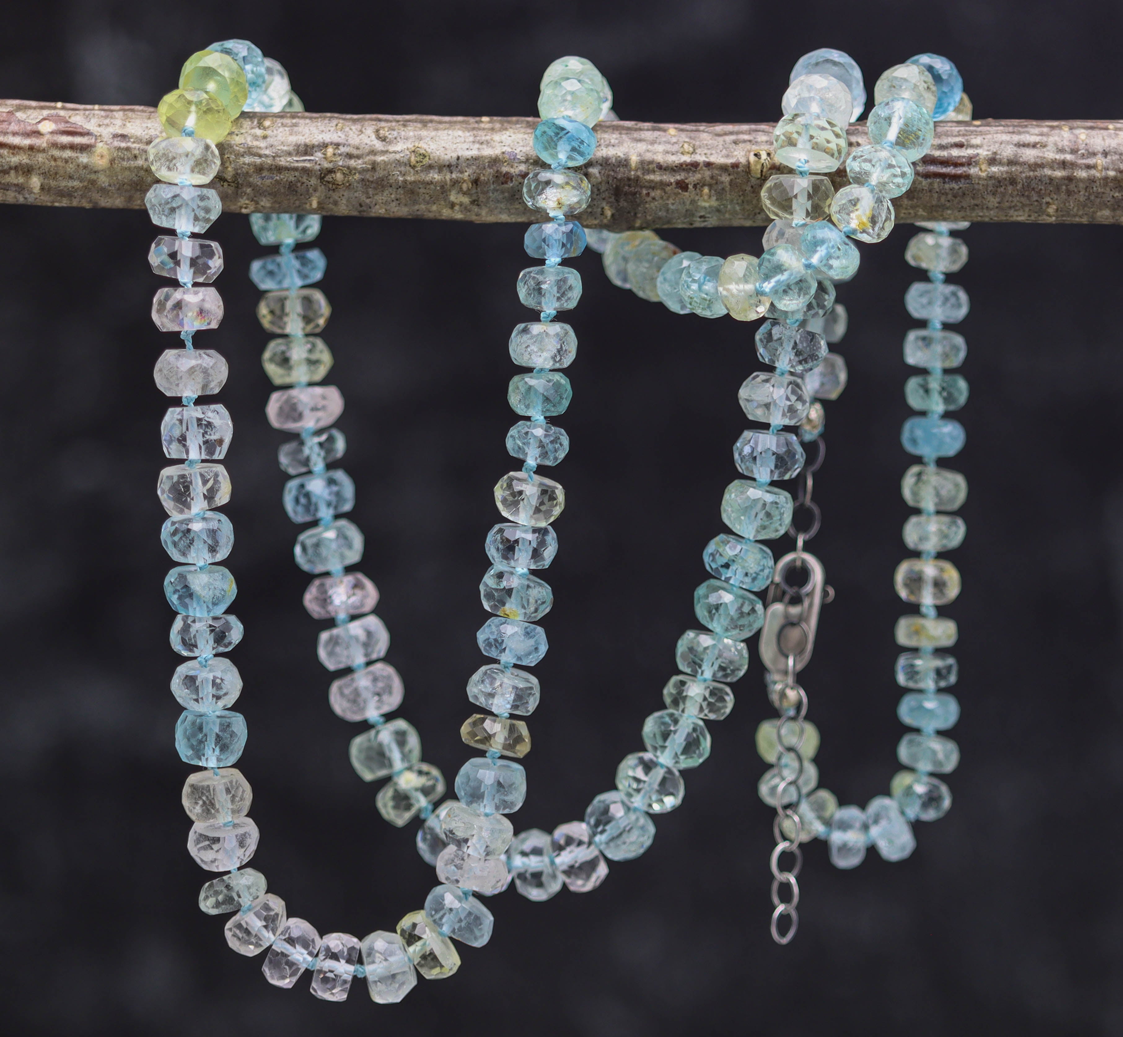Multi Aquamarine Hand Knotted Bead Necklace Sterling Silver