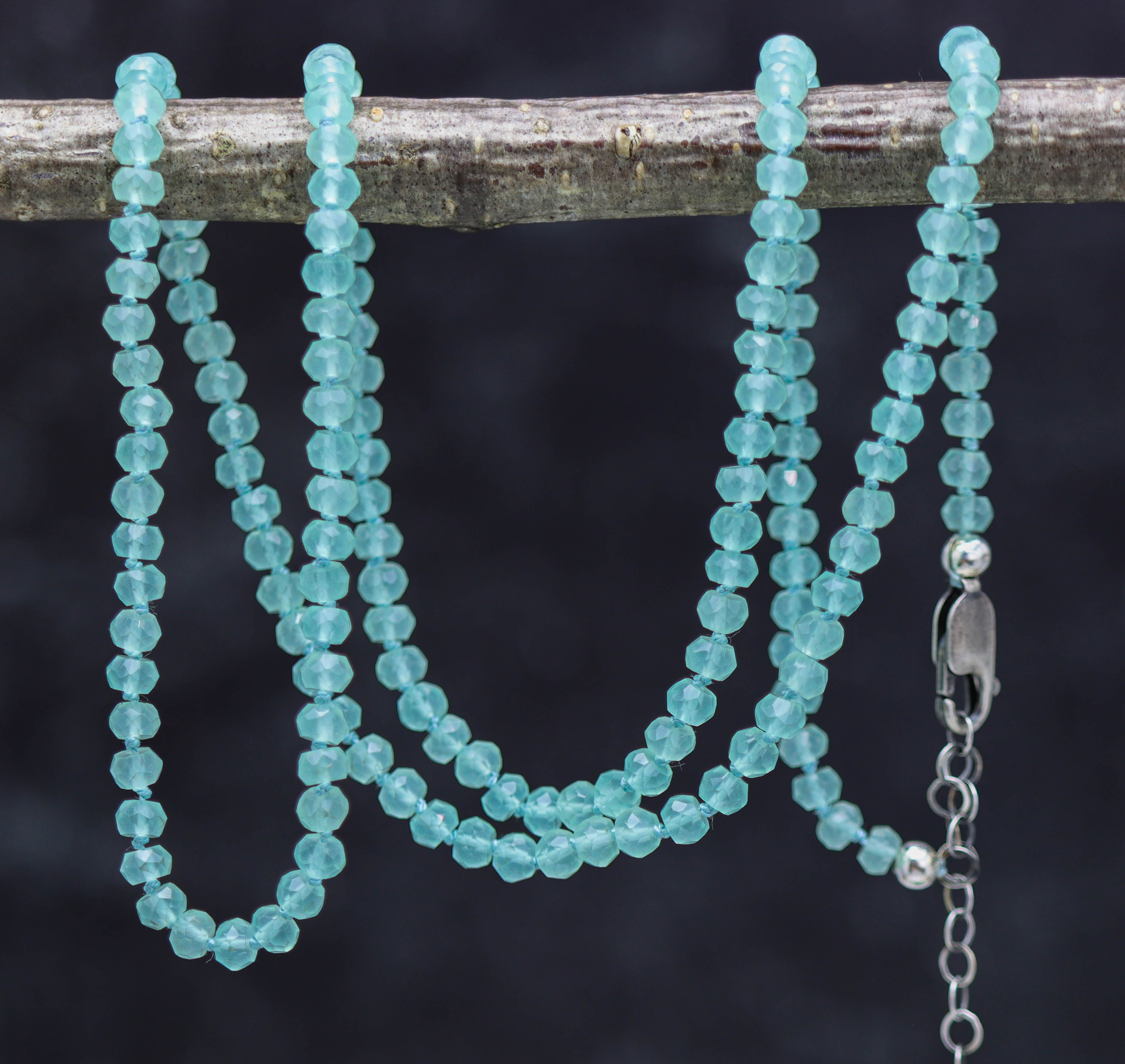 Aqua Chalcedony Hand Knotted Bead Necklace Sterling Silver