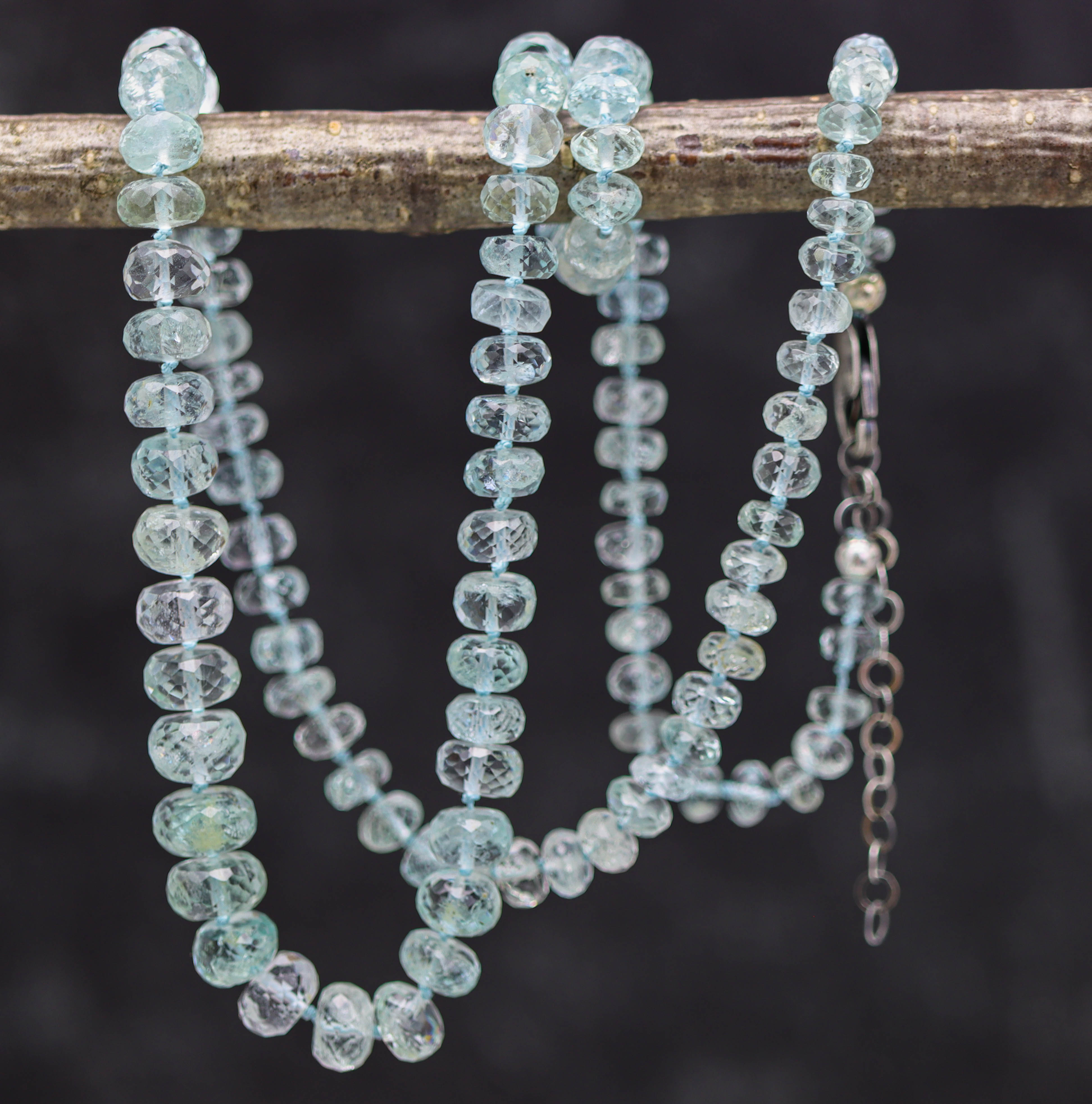 Icy Blue Aquamarine Hand Knotted Bead Necklace Sterling Silver