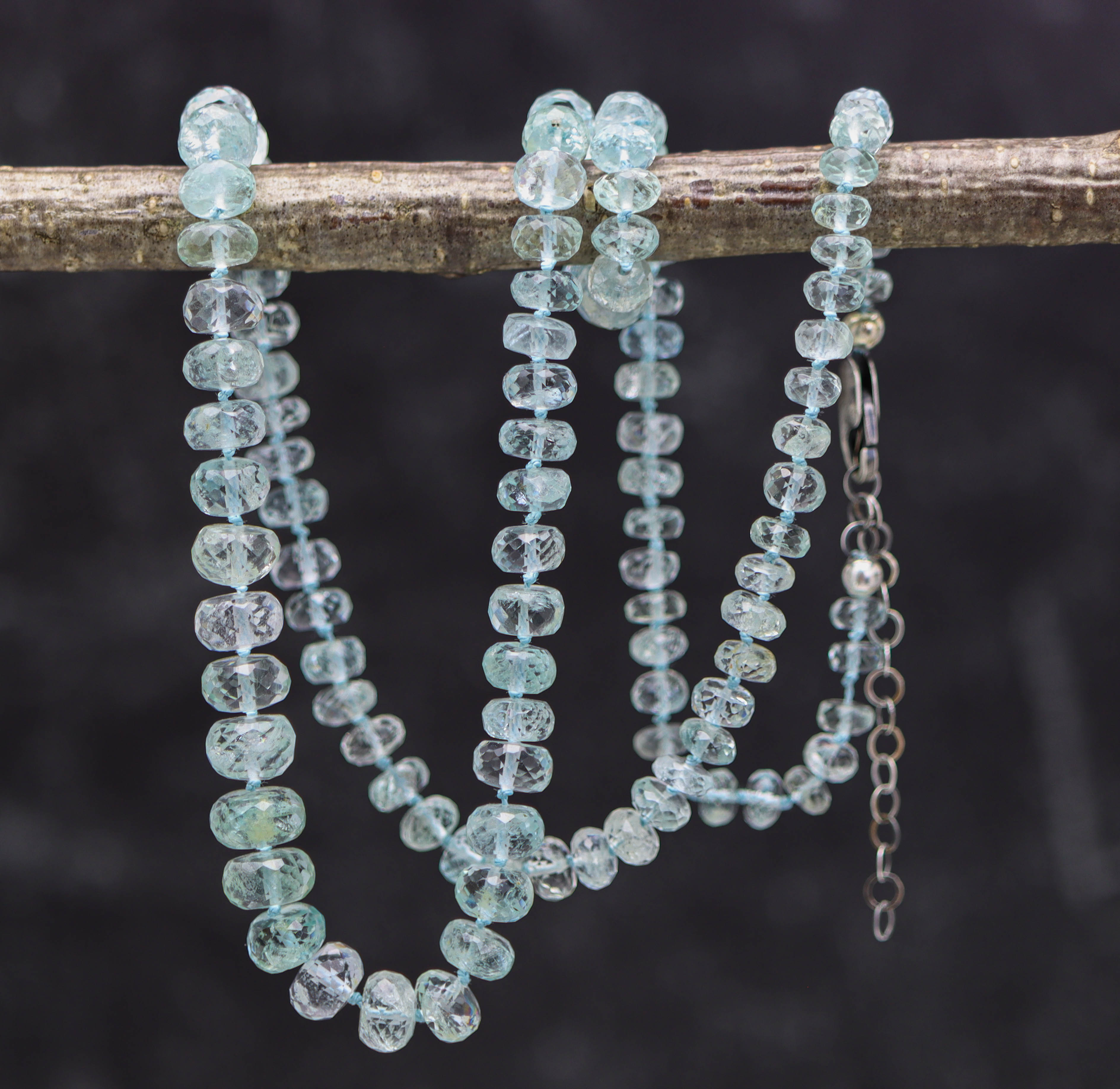 Icy Blue Aquamarine Hand Knotted Bead Necklace Sterling Silver