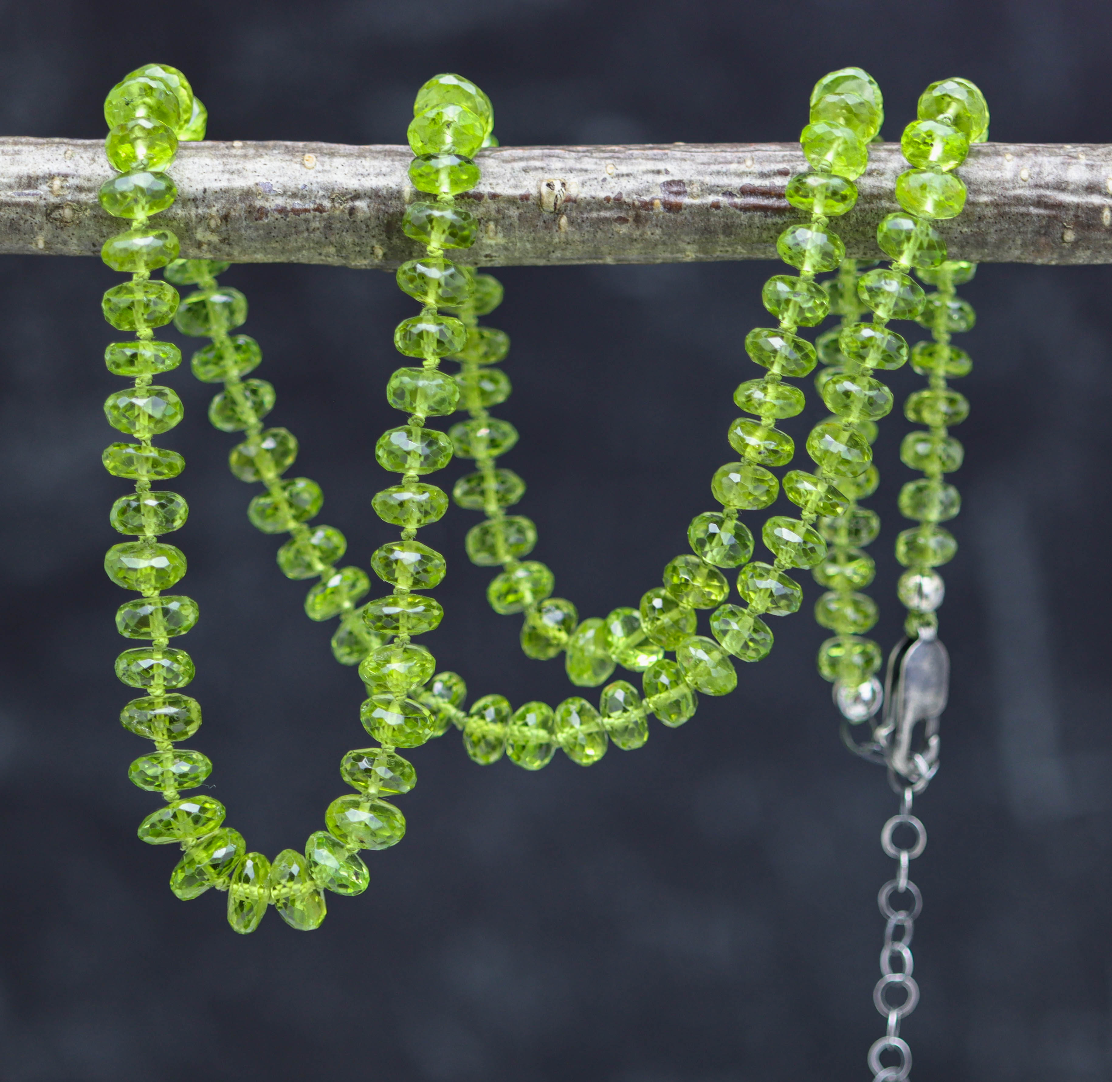 Green Peridot Hand Knotted Bead Necklace Sterling Silver