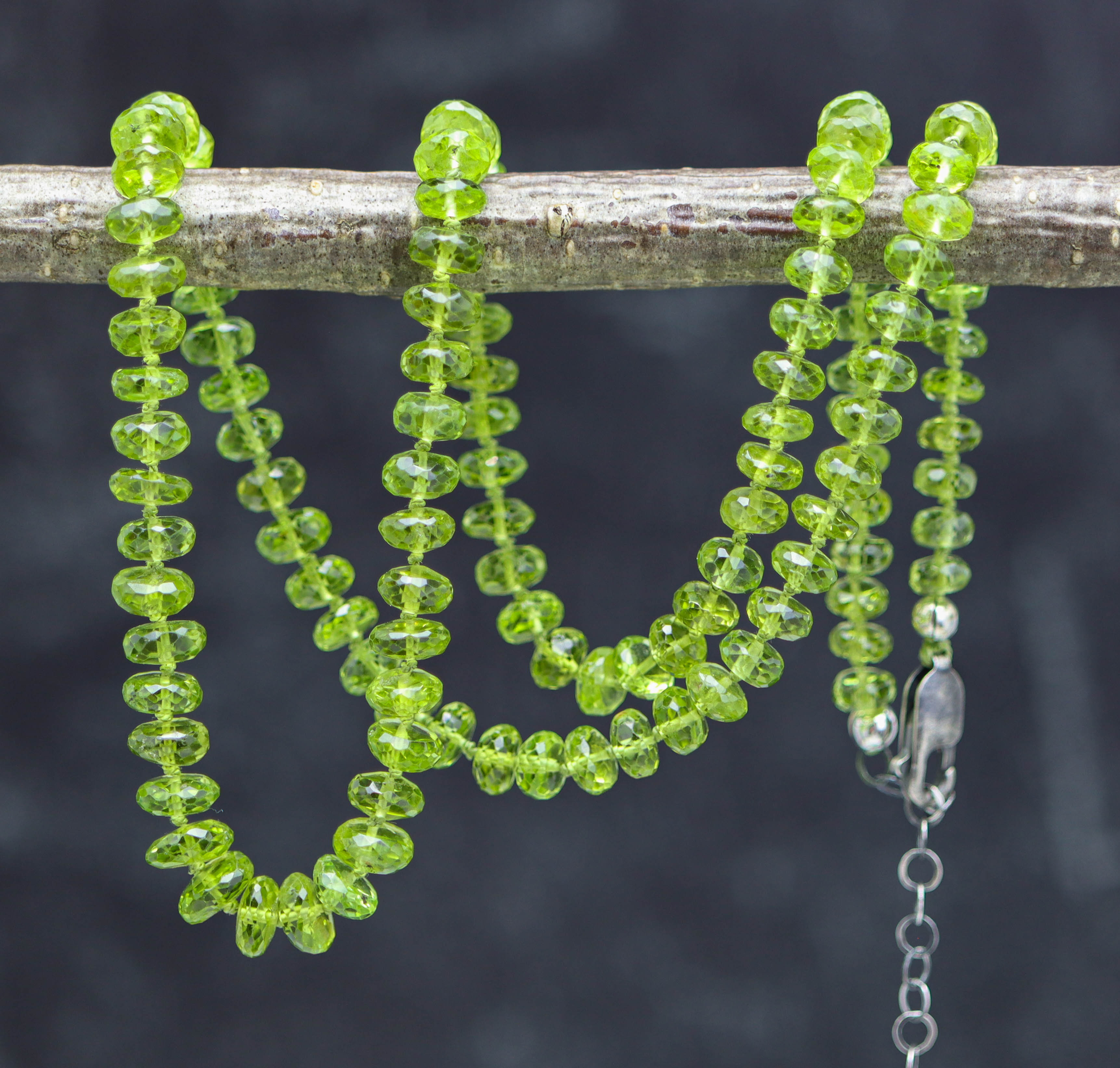 Green Peridot Hand Knotted Bead Necklace Sterling Silver