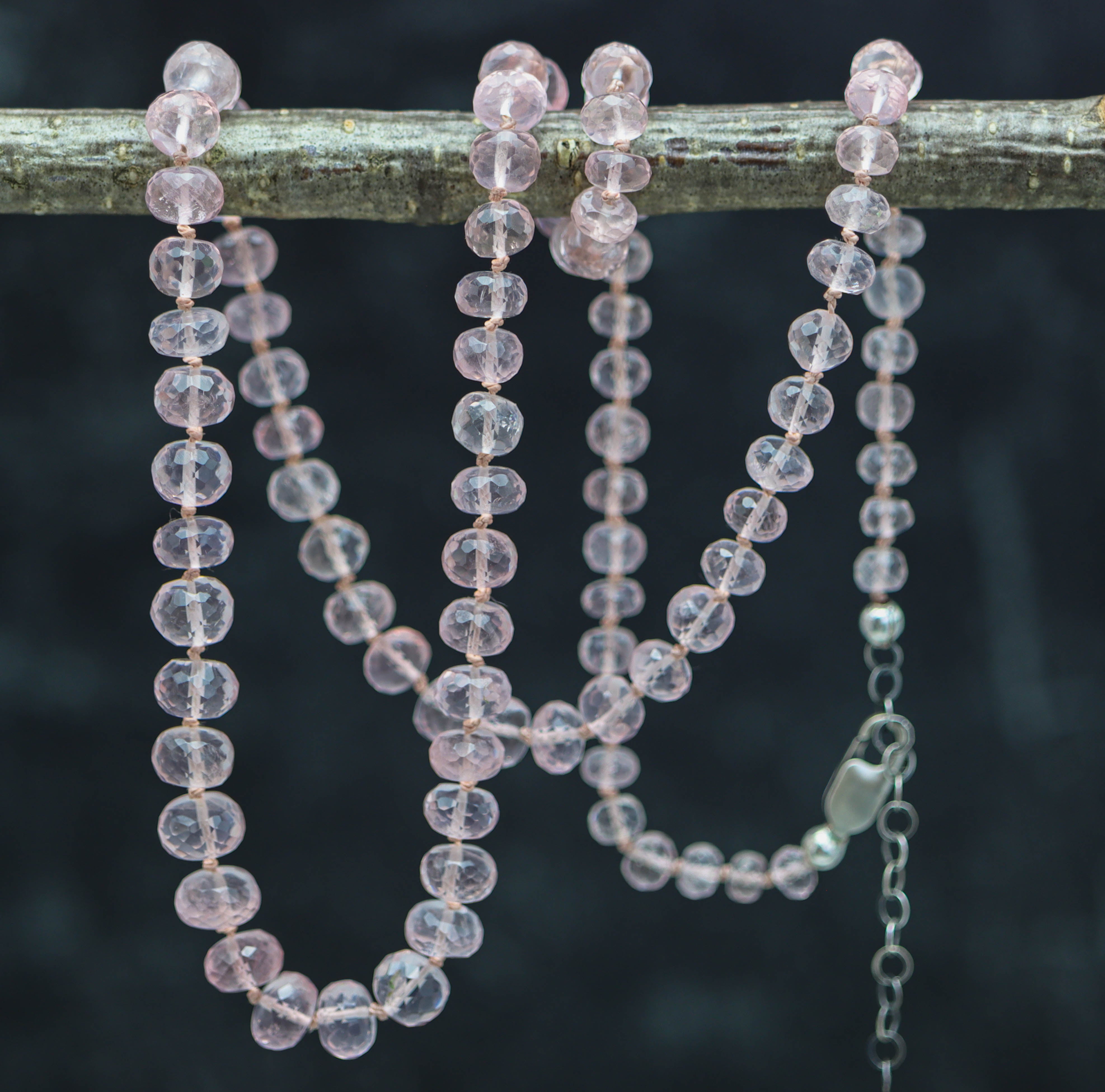 Madagascar Rose Quartz Hand Knotted Bead Necklace Sterling Silver
