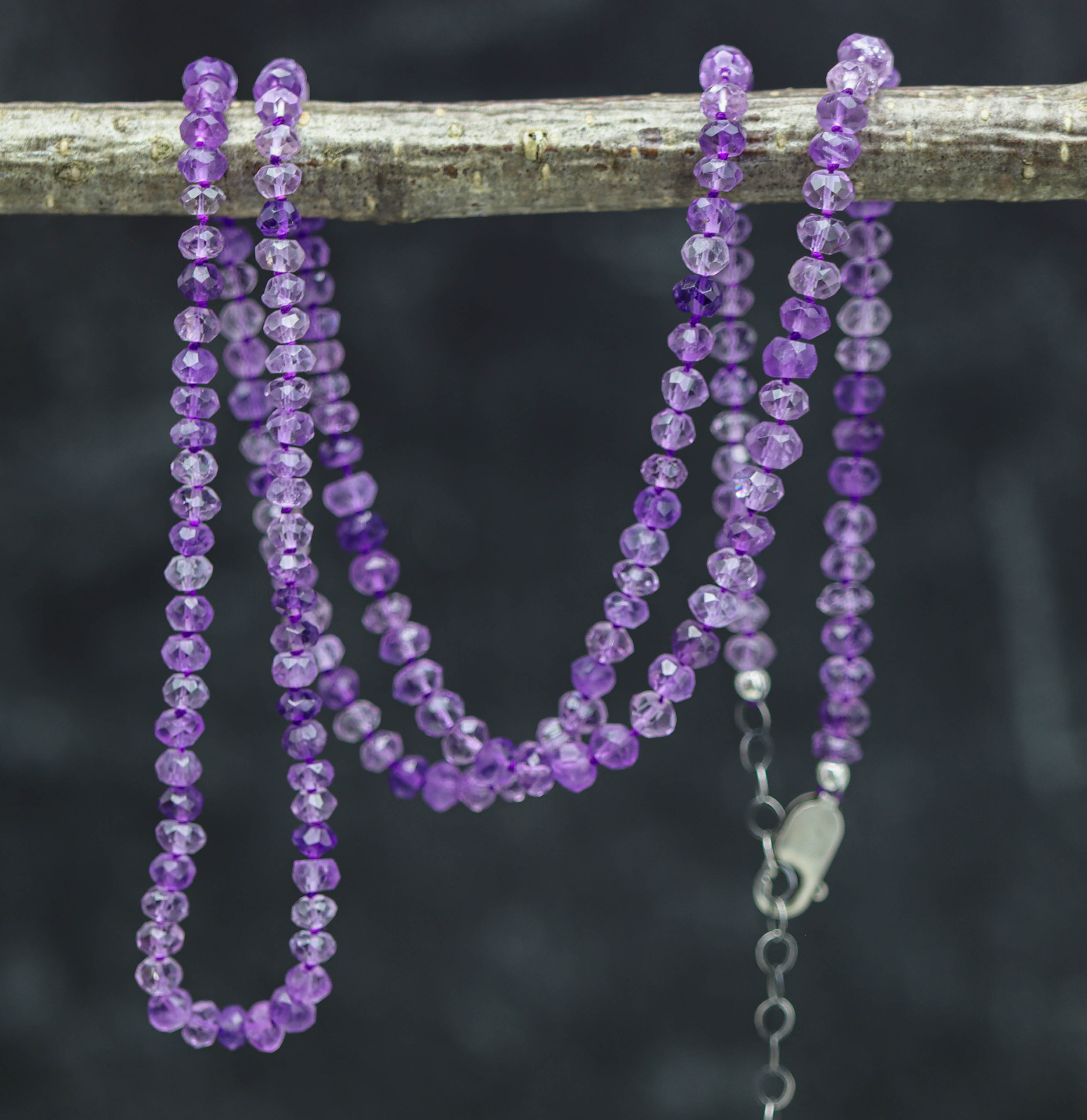 Ombre Amethyst Hand Knotted Bead Necklace Sterling Silver