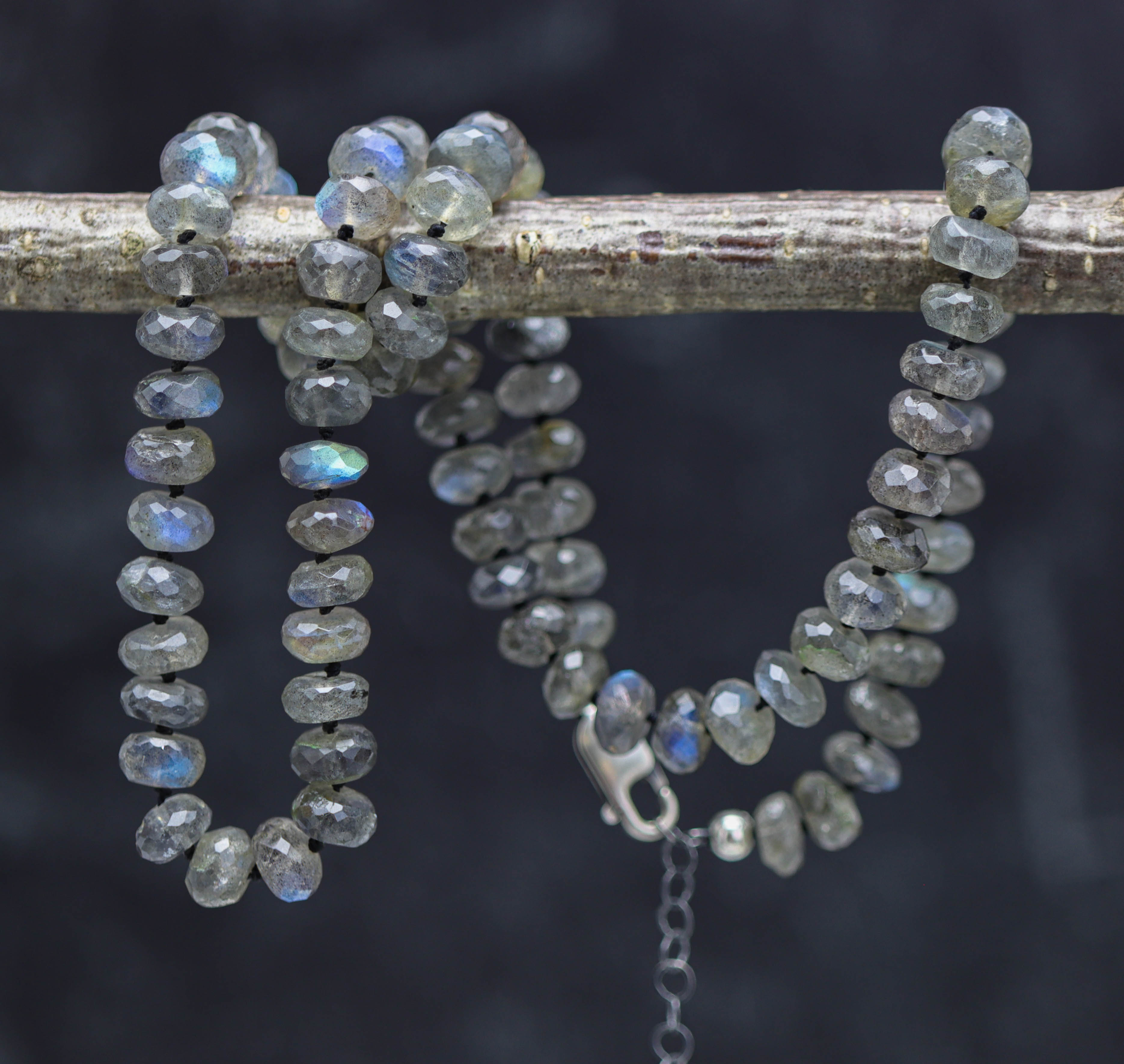 Sparkly Labradorite Hand Knotted Bead Necklace Sterling Silver 18 Inch