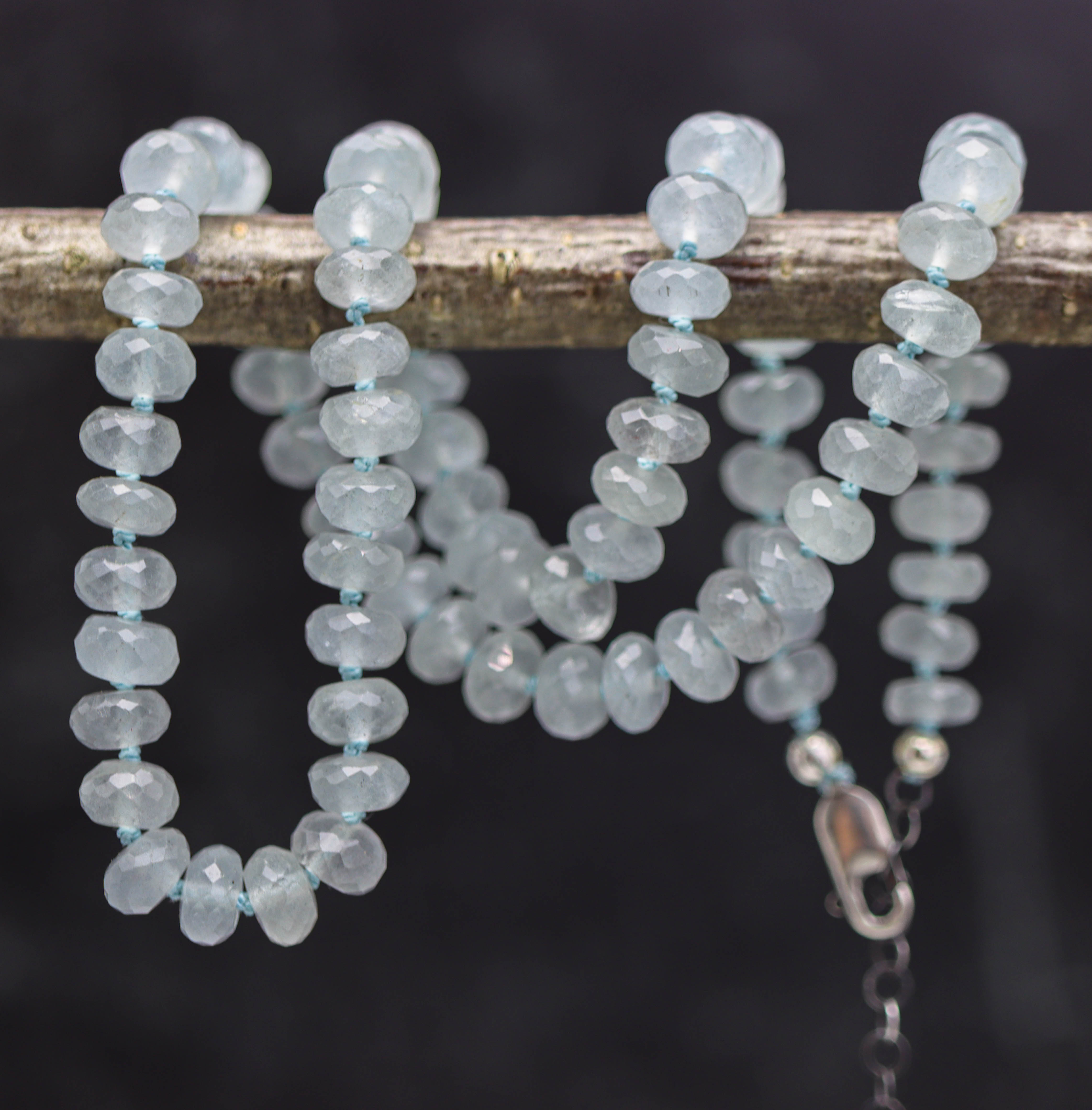 Blue Aquamarine Hand Knotted Bead Necklace Sterling Silver