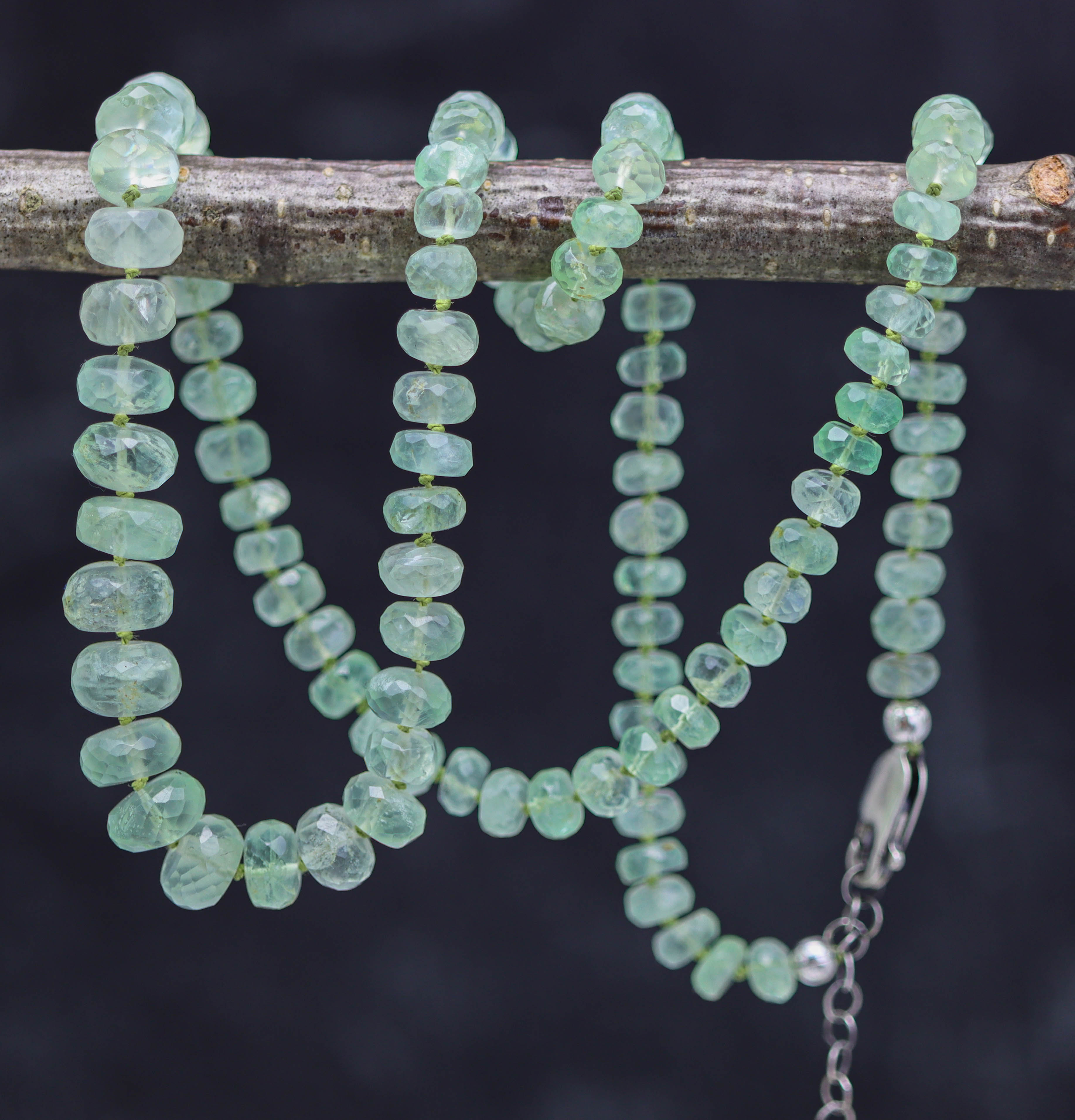 Green Aquamarine Hand Knotted Bead Necklace Sterling Silver