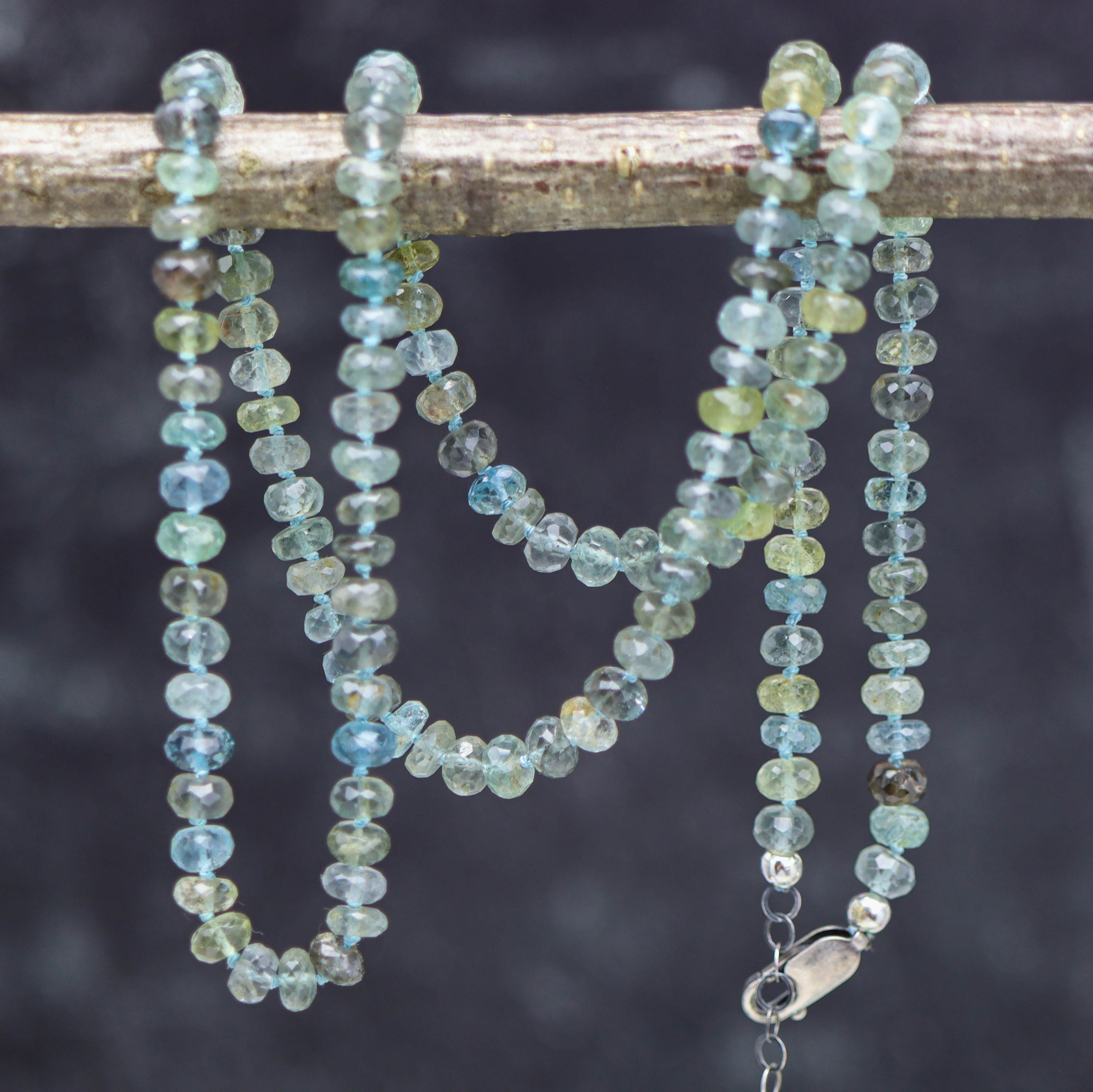 Moss Aquamarine Hand Knotted Bead Necklace Sterling Silver
