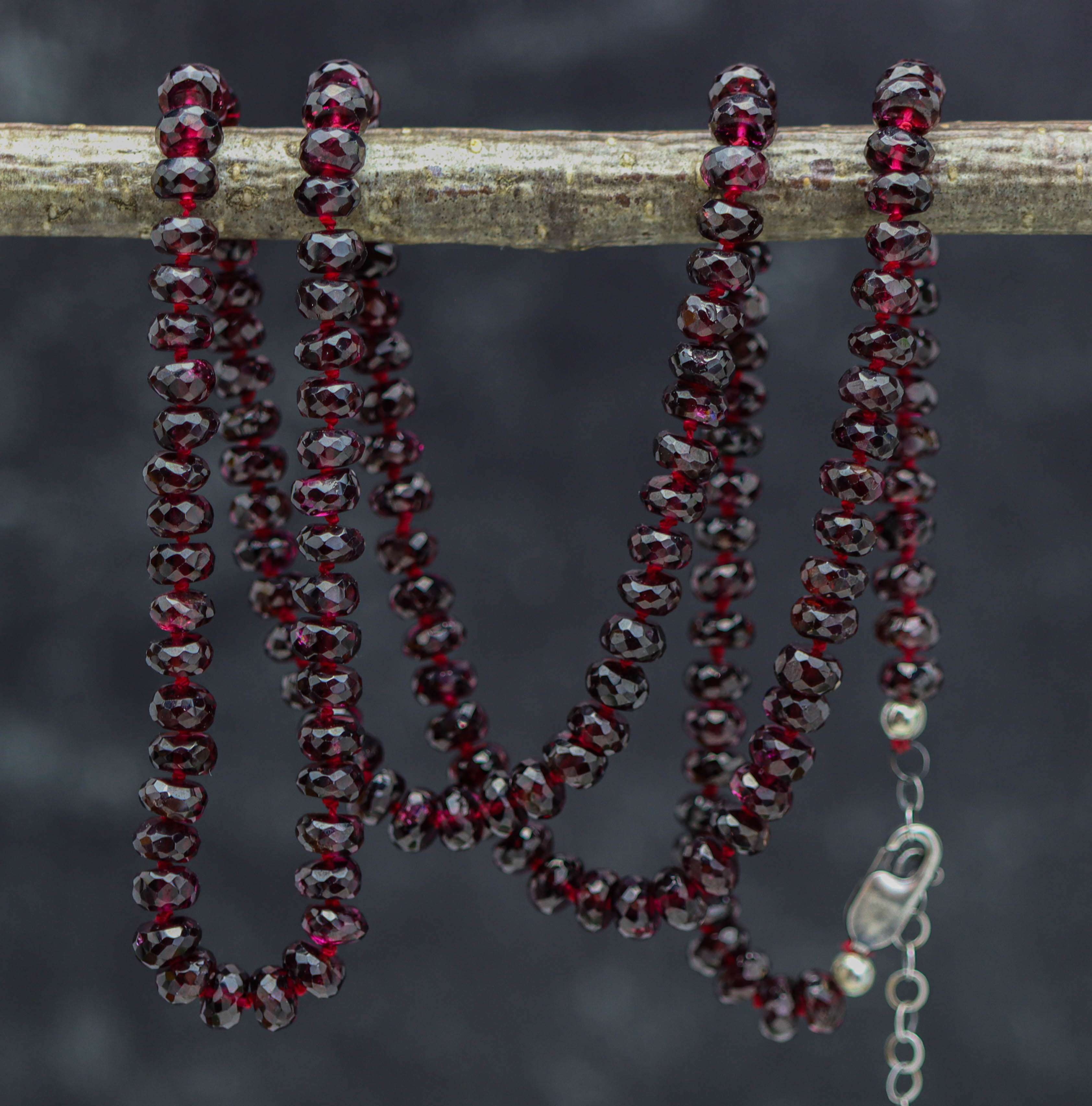 Red Garnet Hand Knotted Bead Necklace Sterling Silver Long