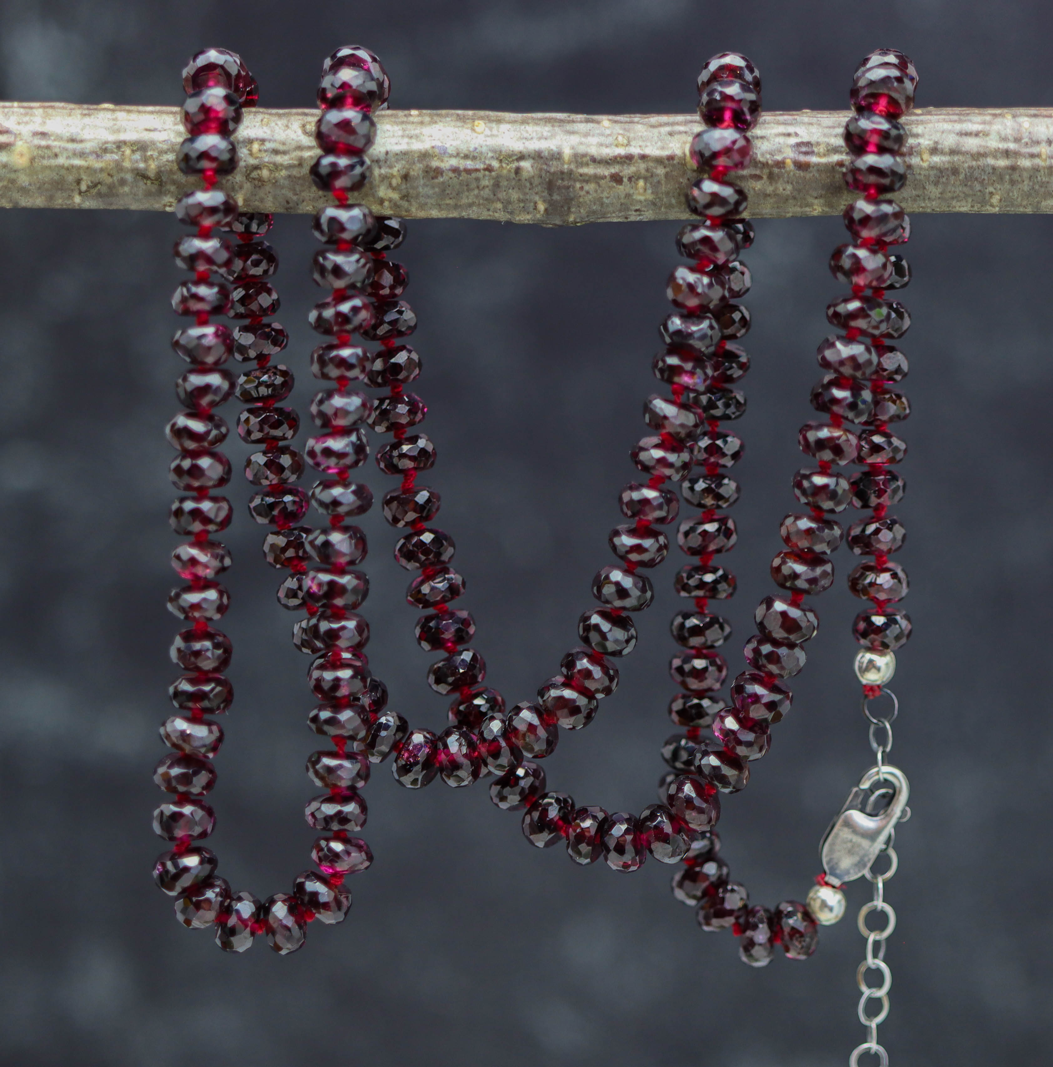 Red Garnet Hand Knotted Bead Necklace Sterling Silver Long