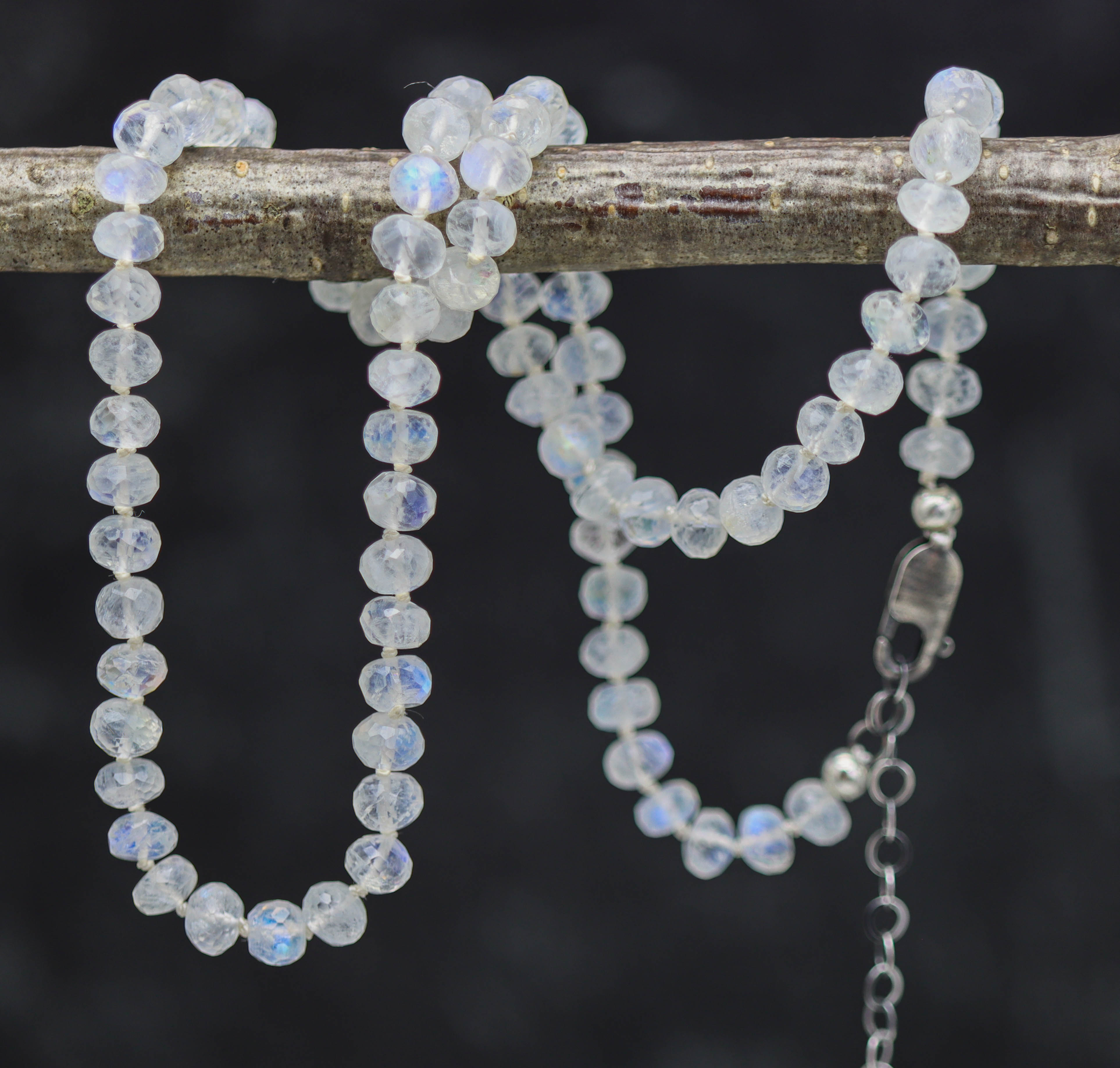 Rainbow Moonstone Hand Knotted Bead Necklace Sterling Silver 18 inch