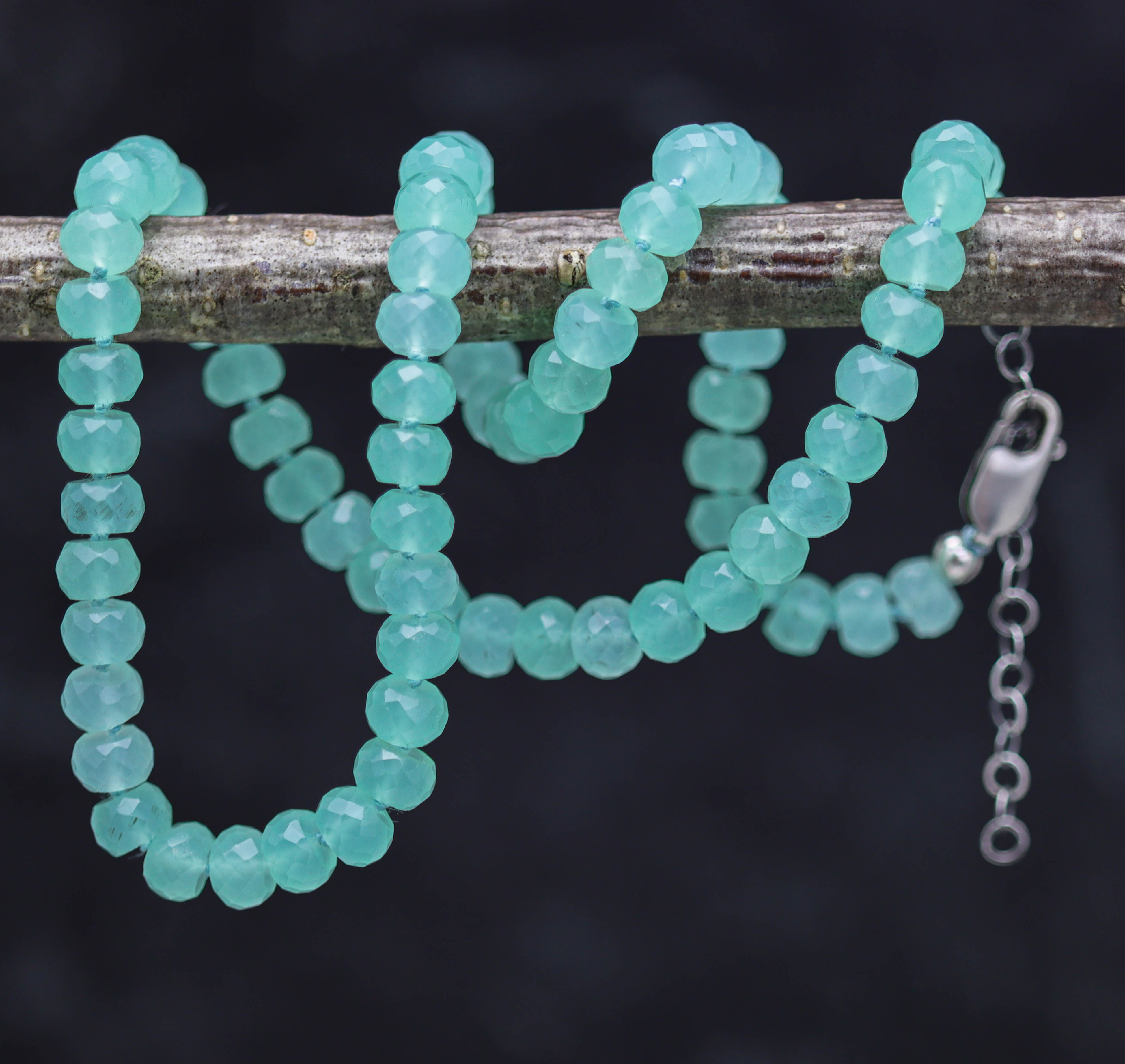 Aqua Chalcedony Hand Knotted Bead Necklace Sterling Silver 16 inch