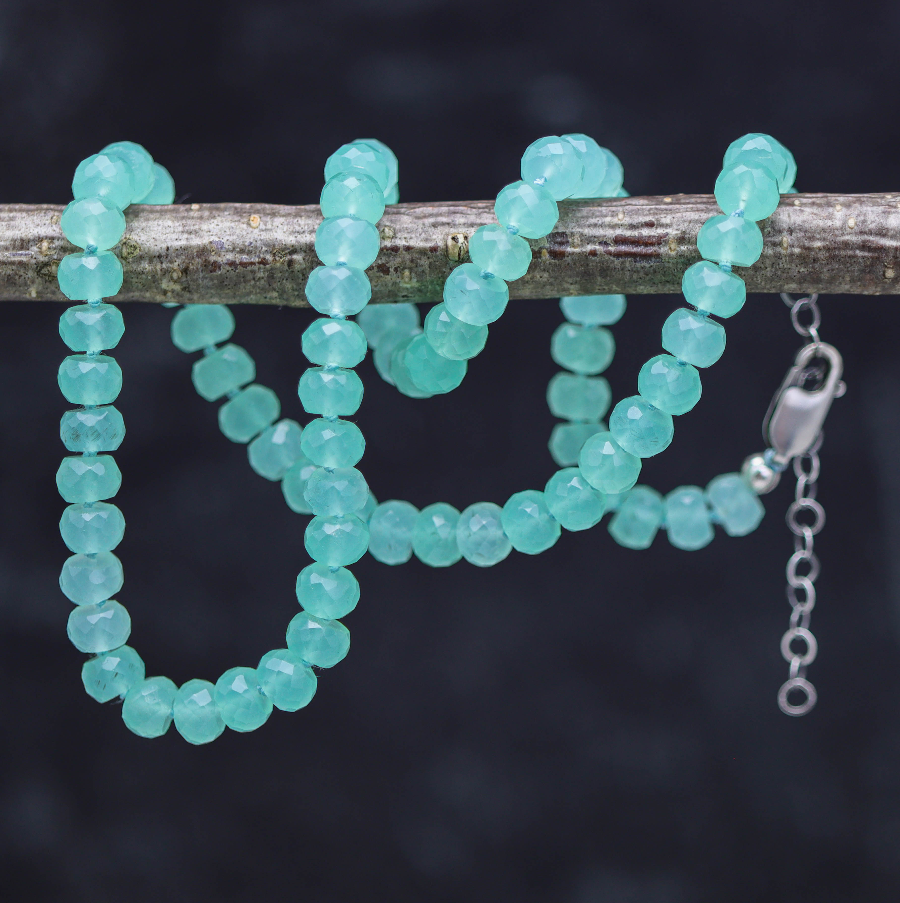 Aqua Chalcedony Hand Knotted Bead Necklace Sterling Silver 16 inch