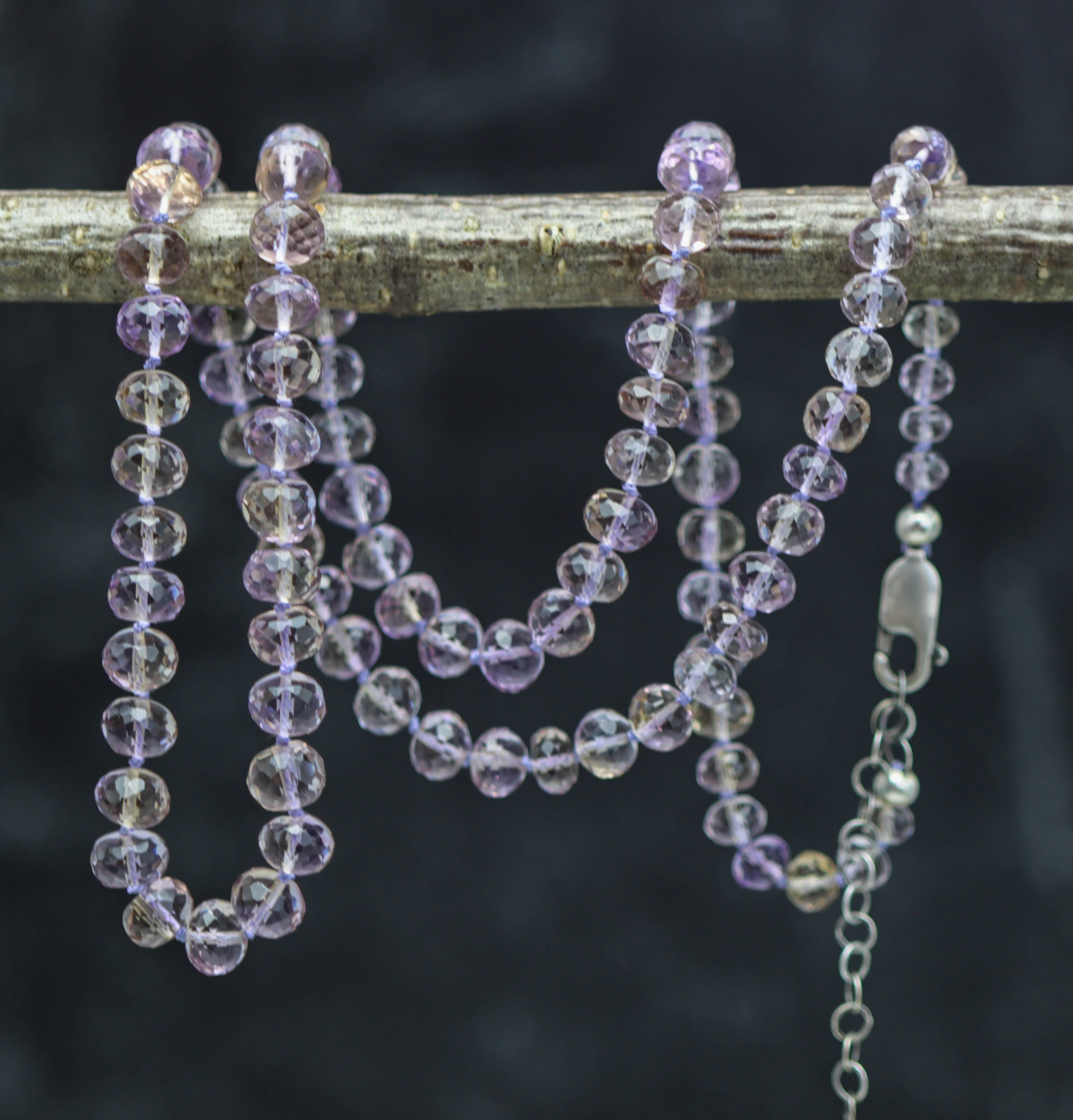 Stunning Ametrine Hand Knotted Bead Necklace Sterling Silver
