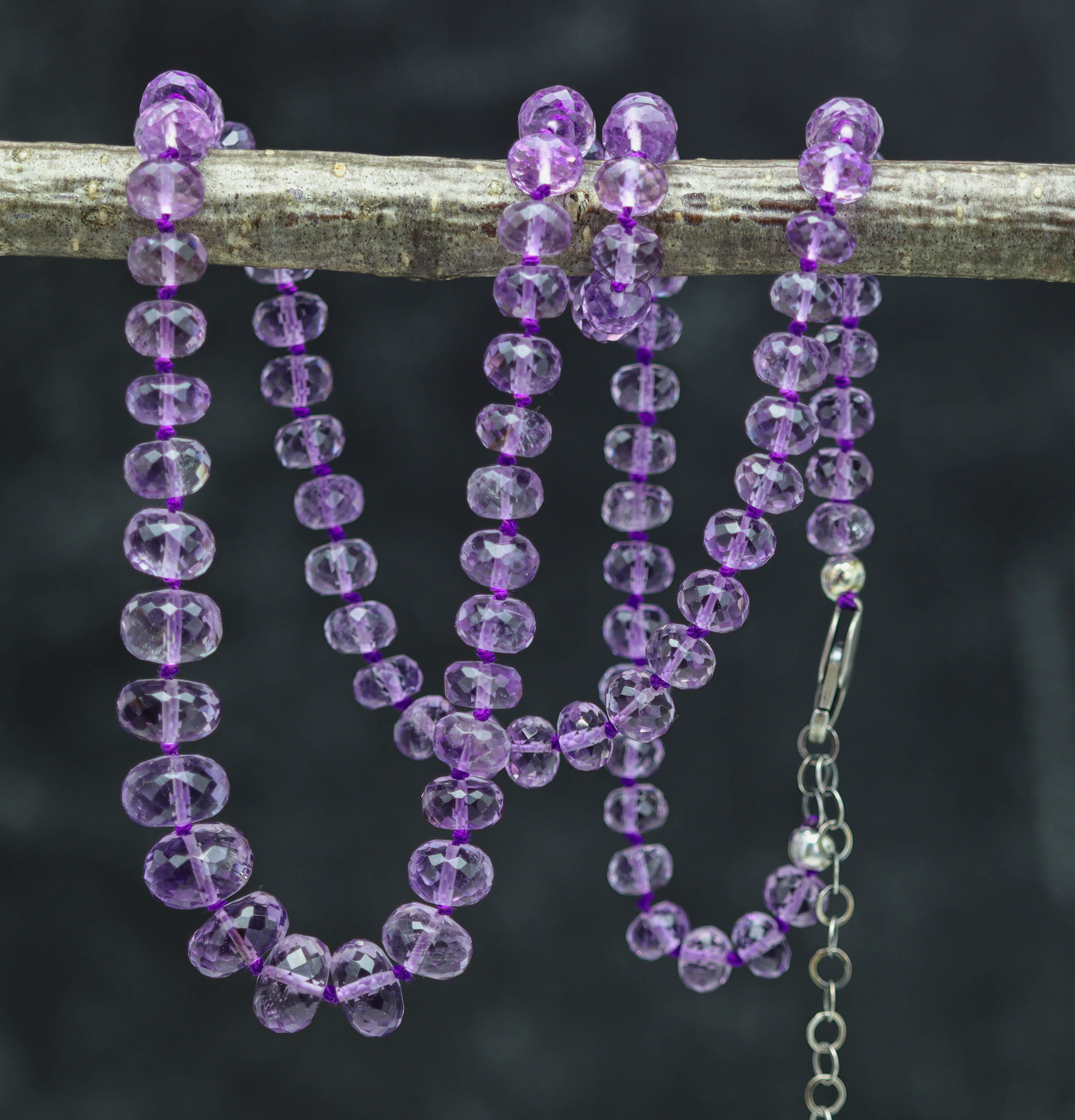 Amethyst Hand Knotted Bead Necklace Sterling Silver Graduated Size