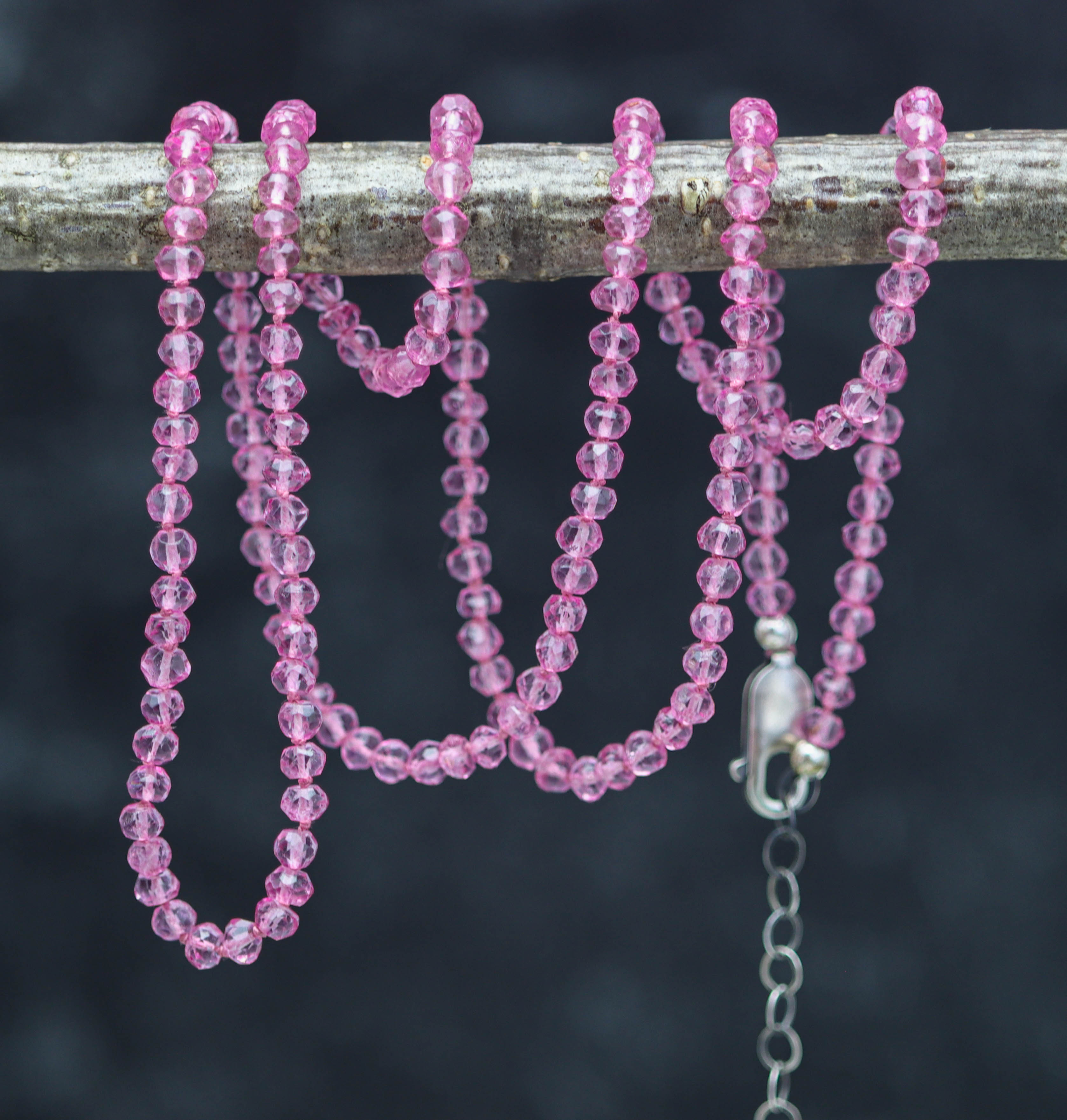 Pink Quartz Hand Knotted Bead Necklace Sterling Silver