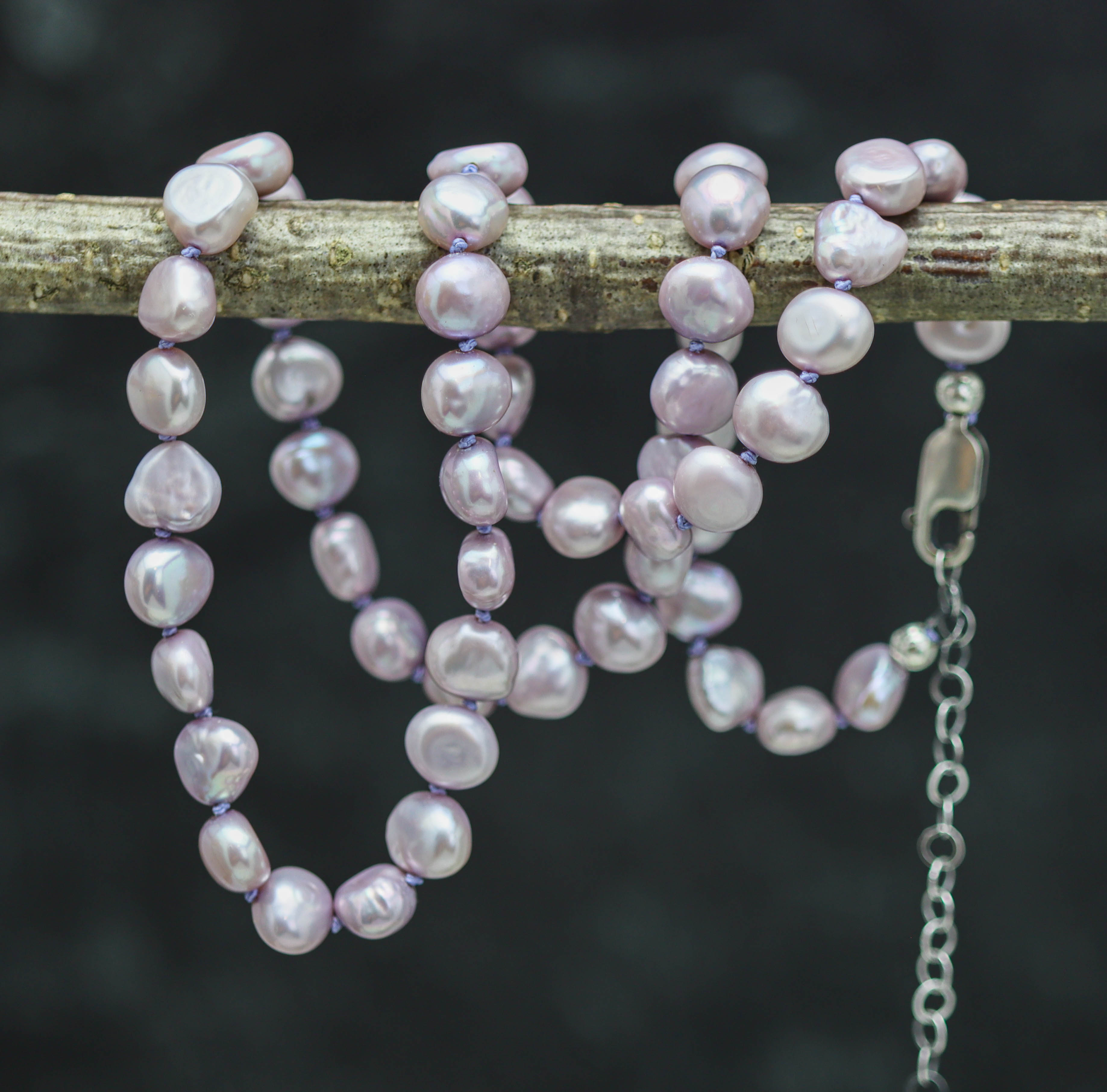 Purple Freshwater Pearl Hand Knotted Bead Necklace Sterling Silver