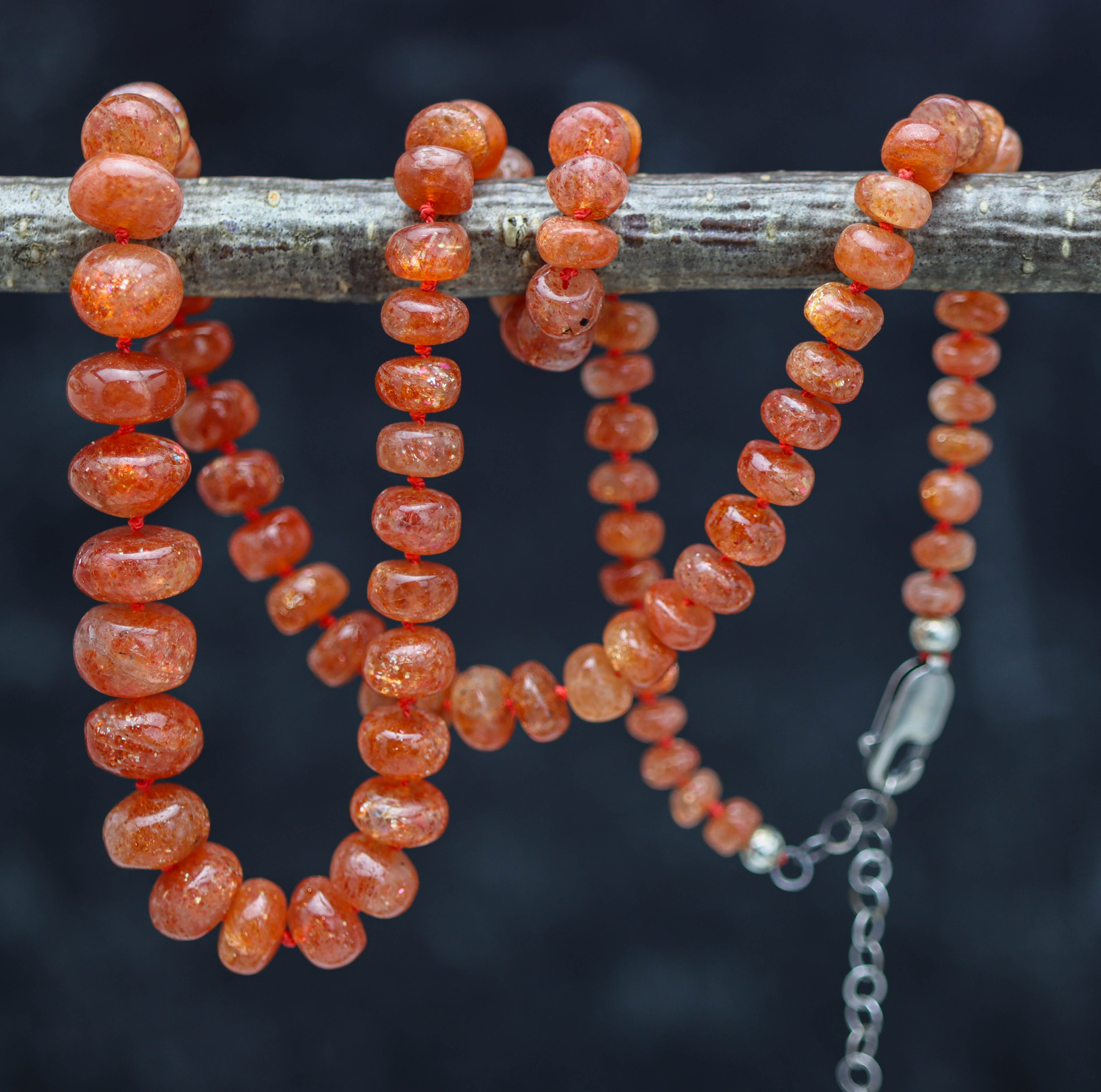 Sunstone Hand Knotted Bead Necklace Sterling Silver