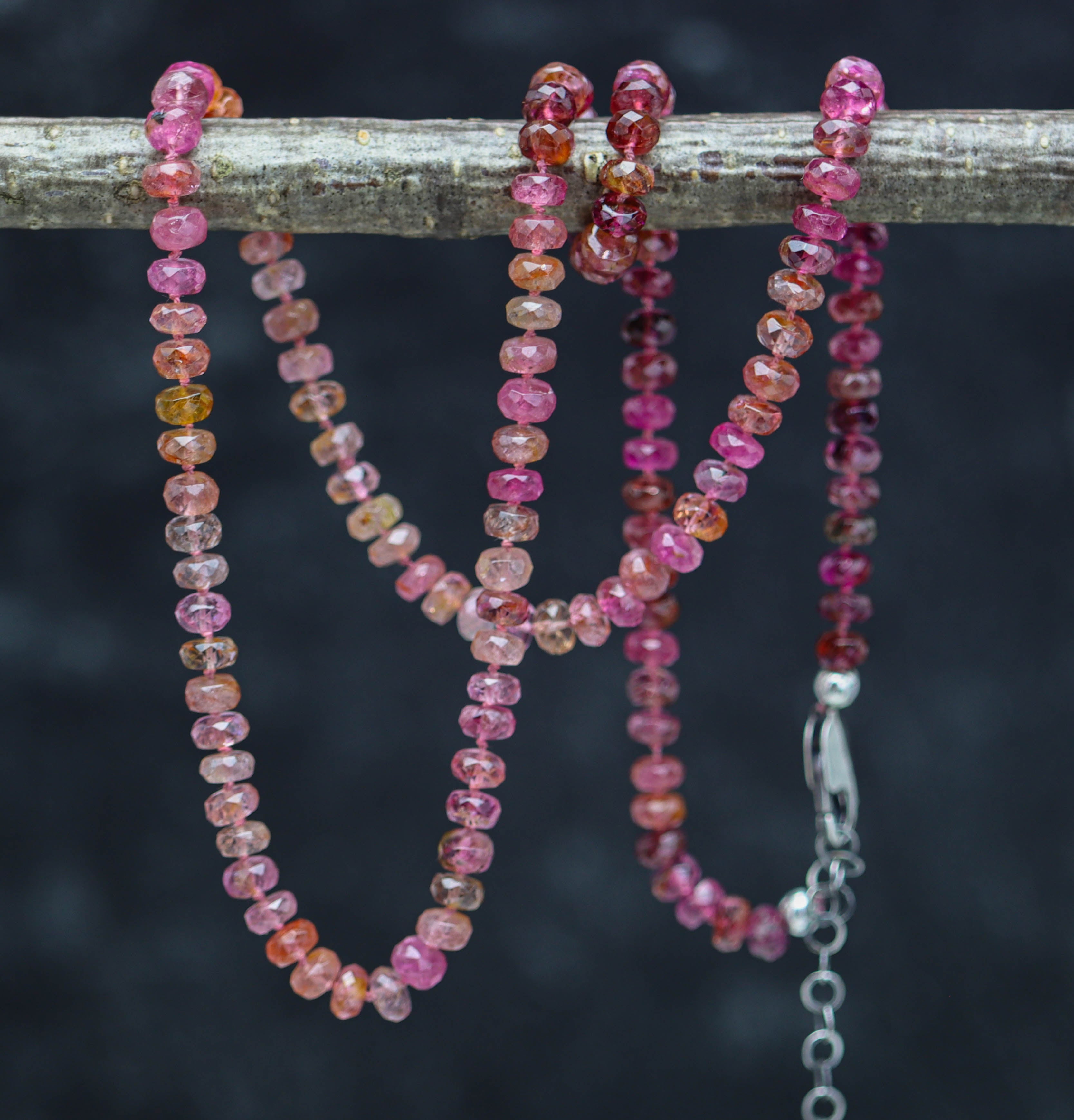 Pink Tourmaline Hand Knotted Bead Necklace Sterling Silver 20 Inches
