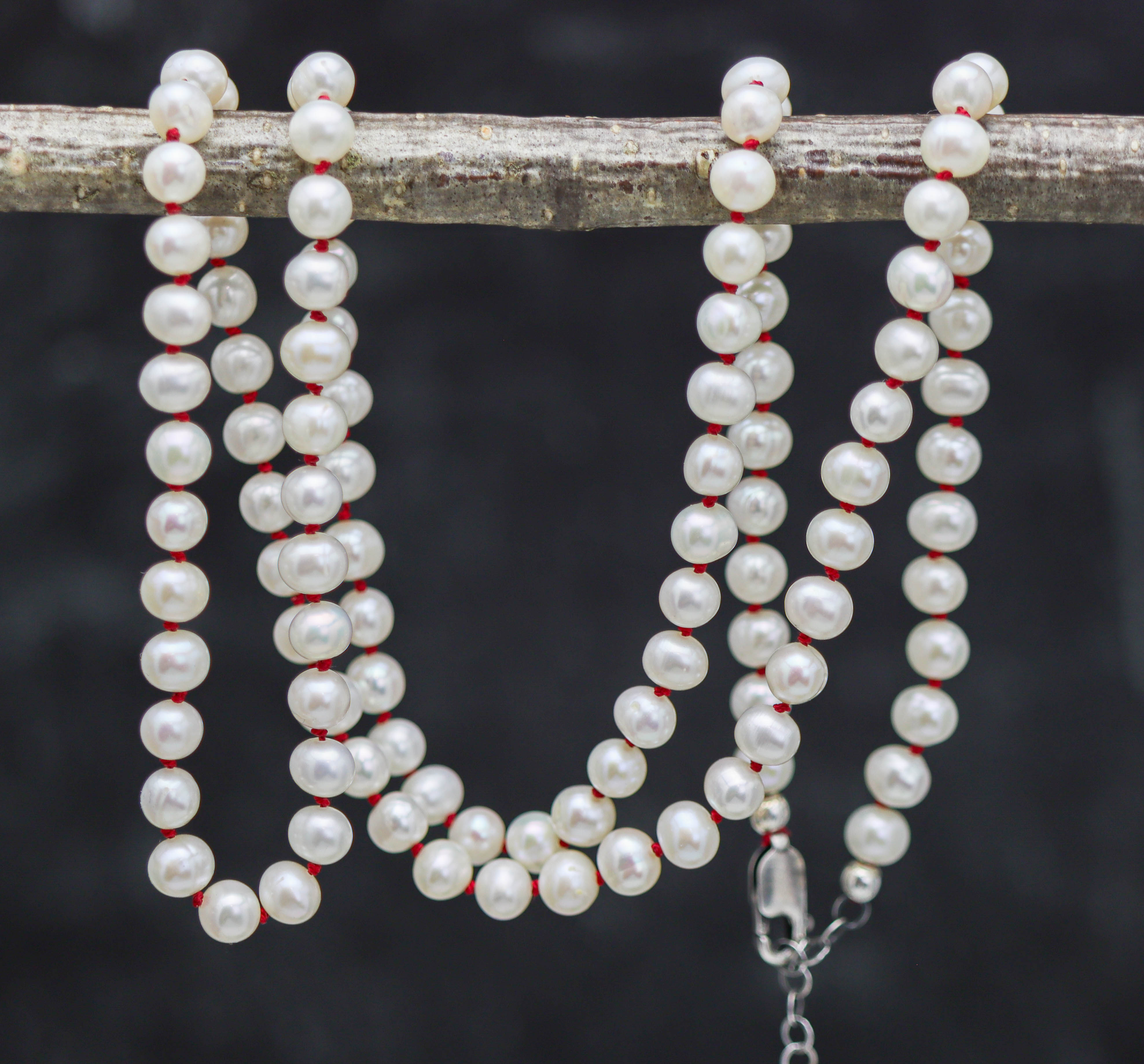 White Freshwater Pearl Hand Knotted Bead Necklace Sterling Silver