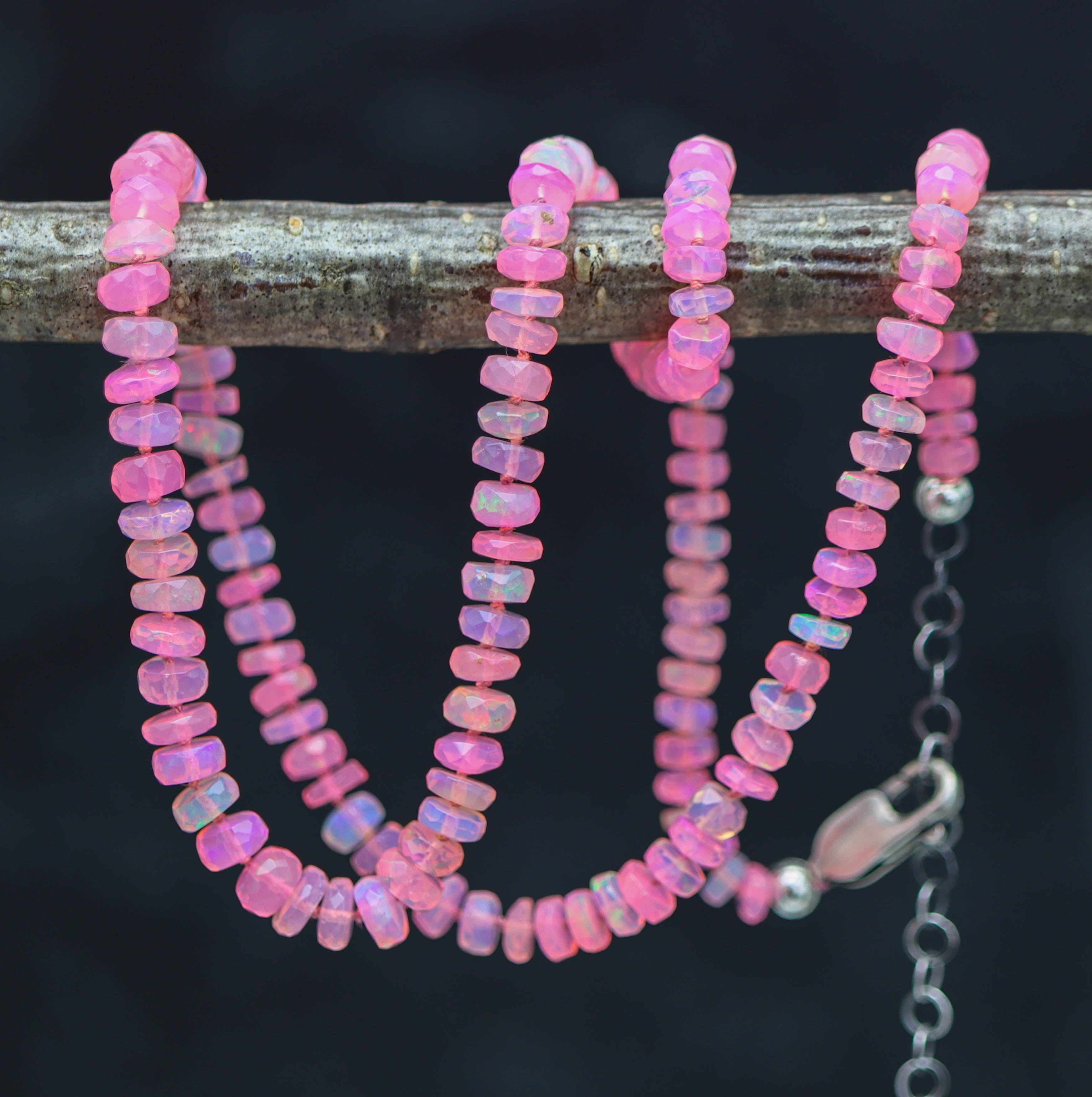 Hot Pink Opal Hand Knotted Bead Necklace Sterling Silver