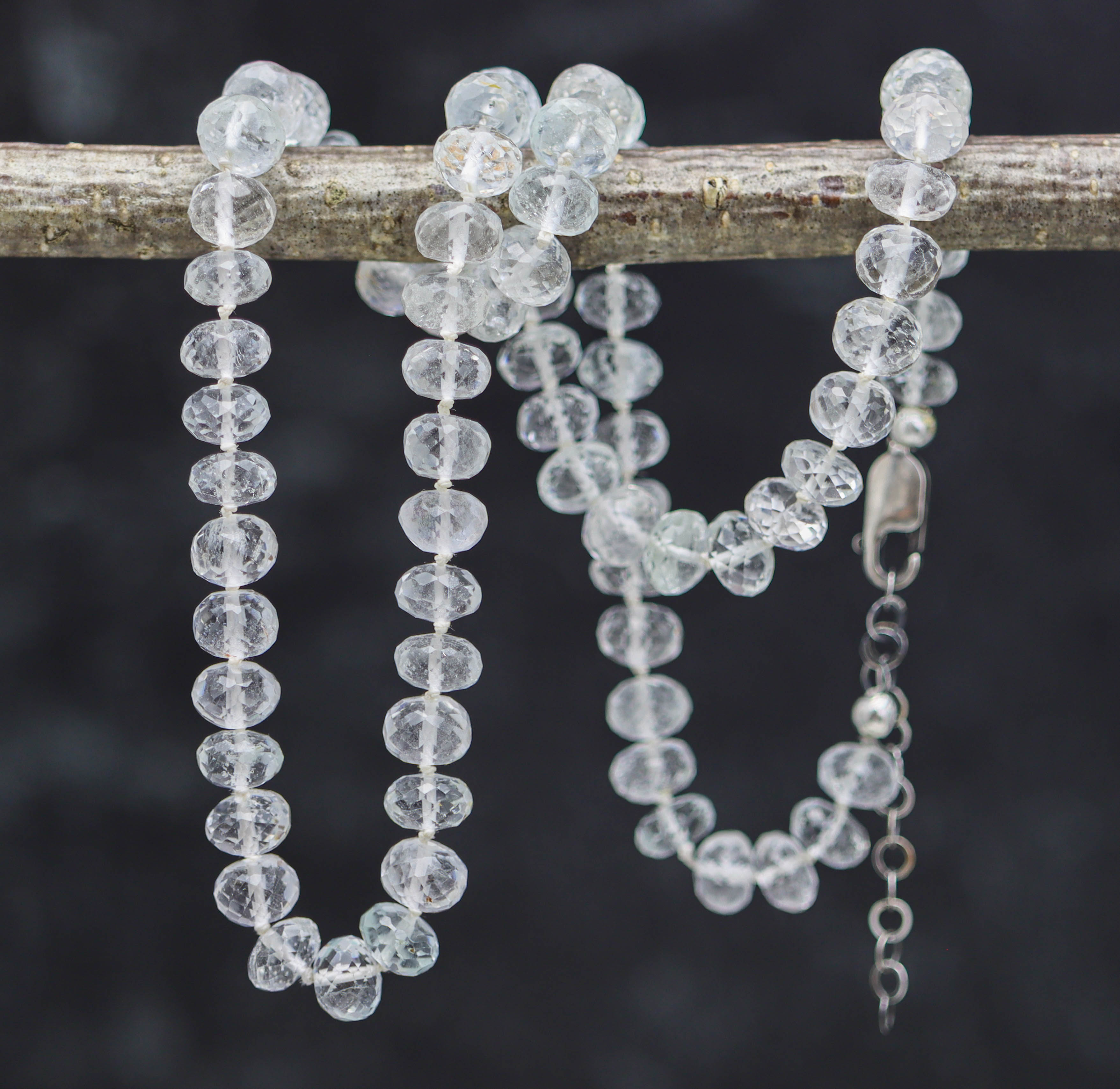 White Topaz Hand Knotted Bead Necklace Sterling Silver