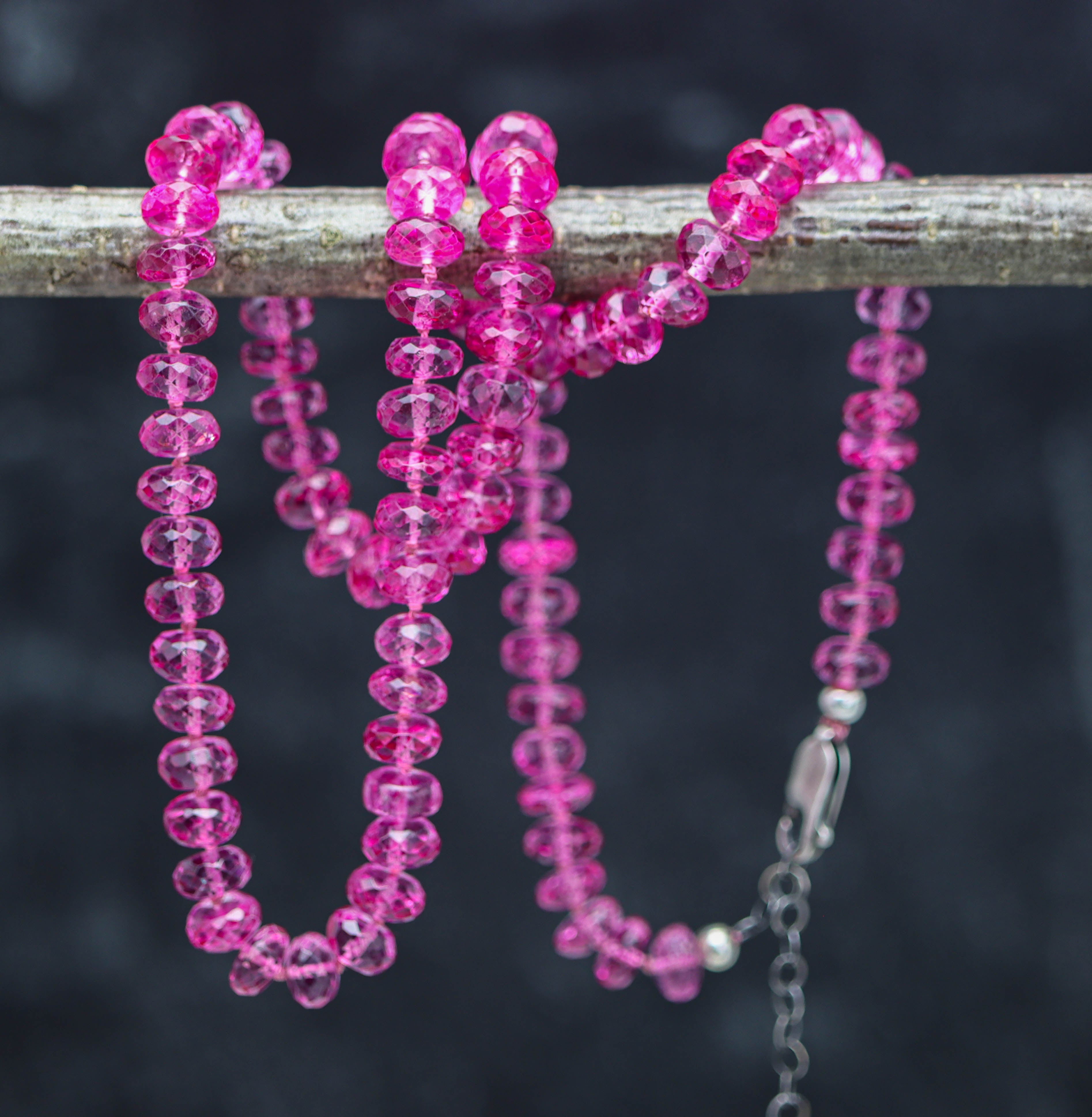 Pink Topaz Hand Knotted Bead Necklace Sterling Silver