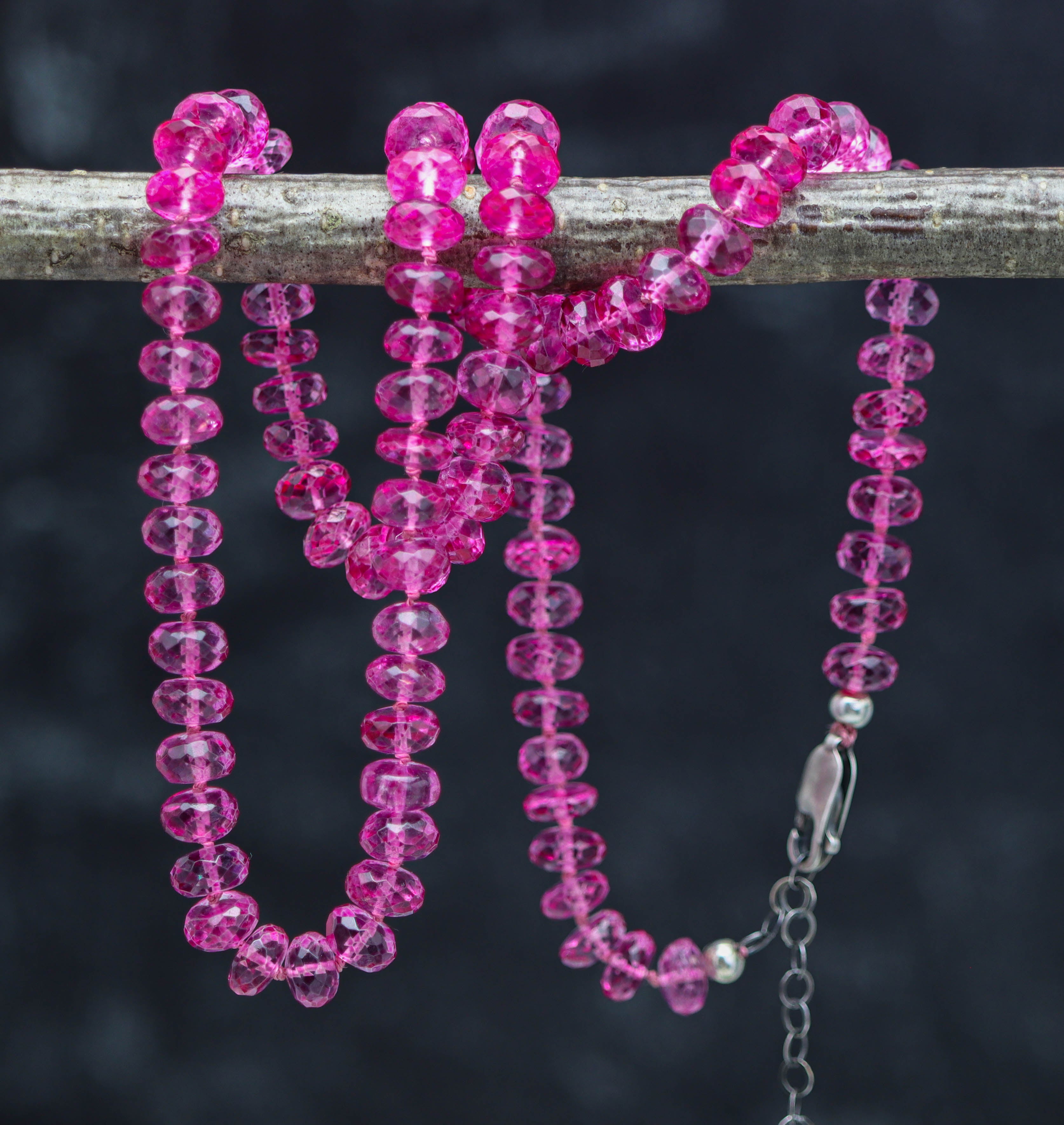 Pink Topaz Hand Knotted Bead Necklace Sterling Silver