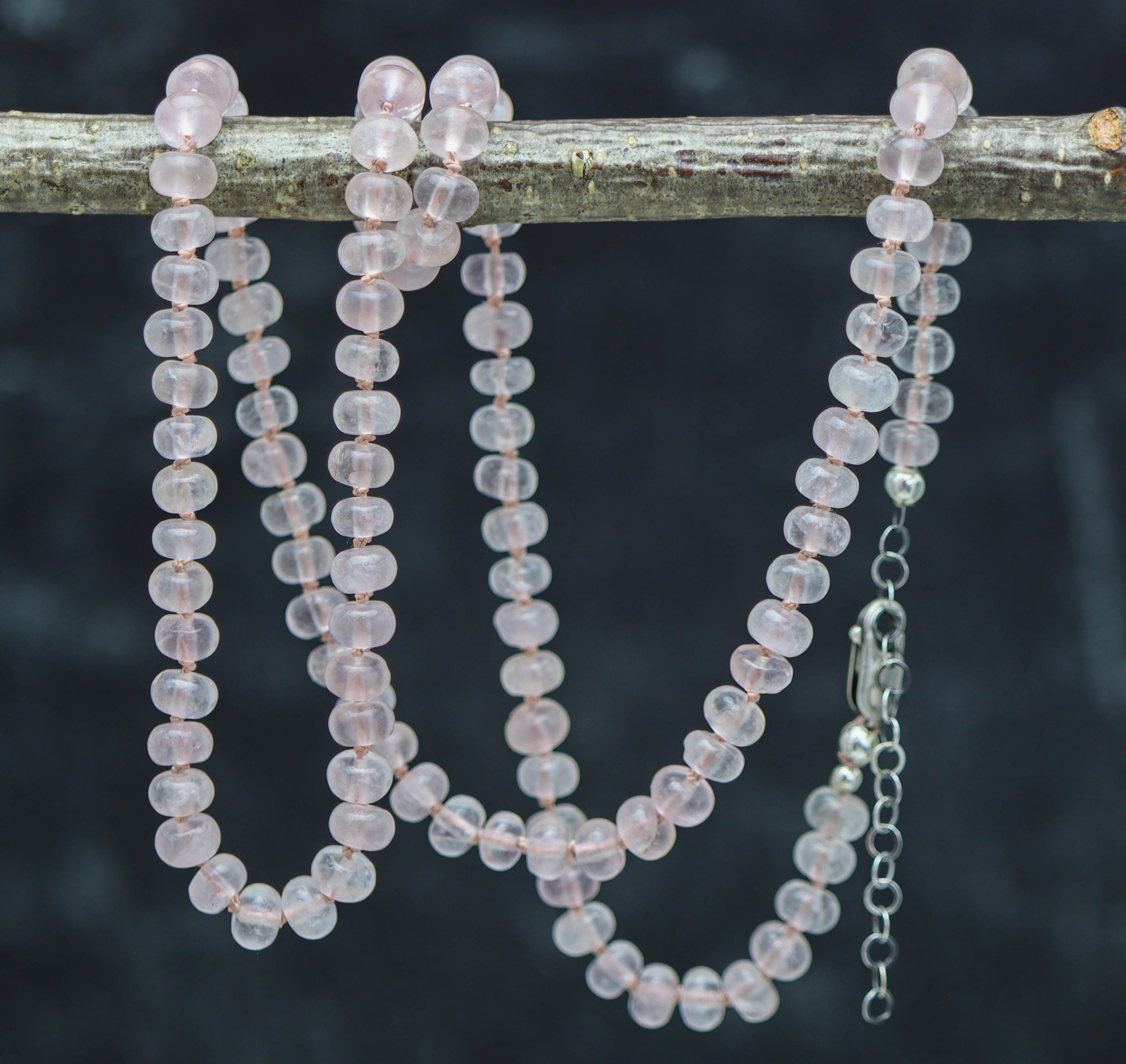 Rose Quartz Hand Knotted Bead Necklace Sterling Silver 25 inch