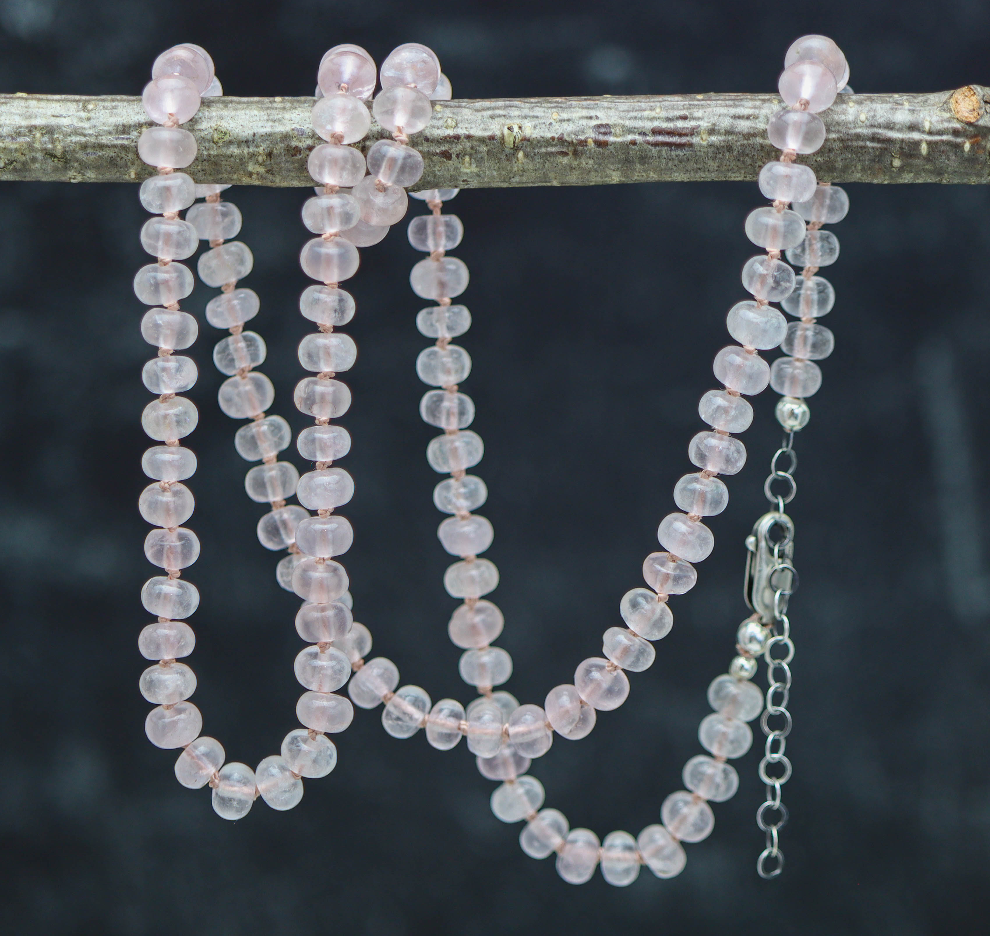 Rose Quartz Hand Knotted Bead Necklace Sterling Silver 18 inch