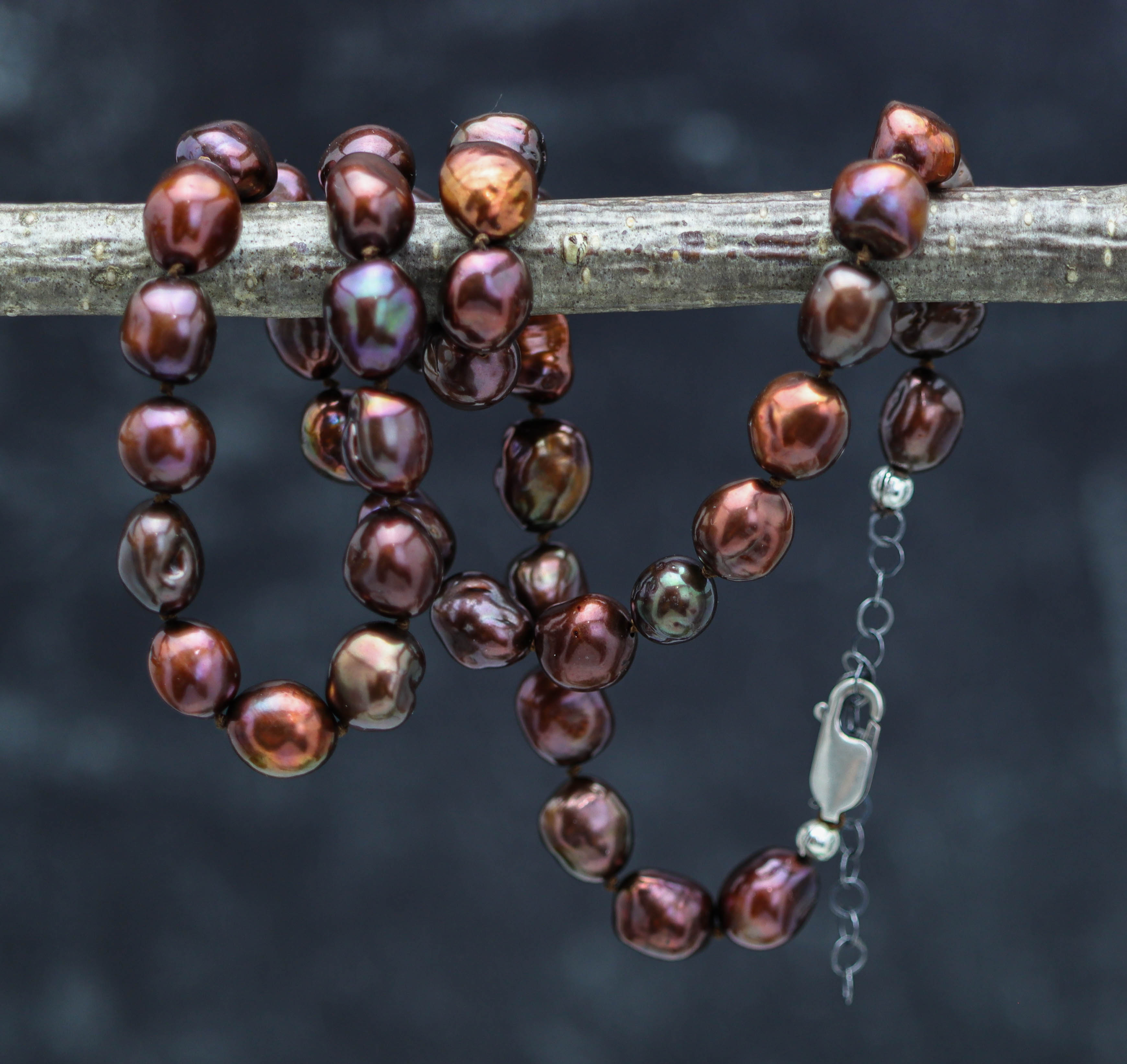 Chocolate Freshwater Baroque Pearl Hand-Knotted Strand Necklace in Sterling Silver