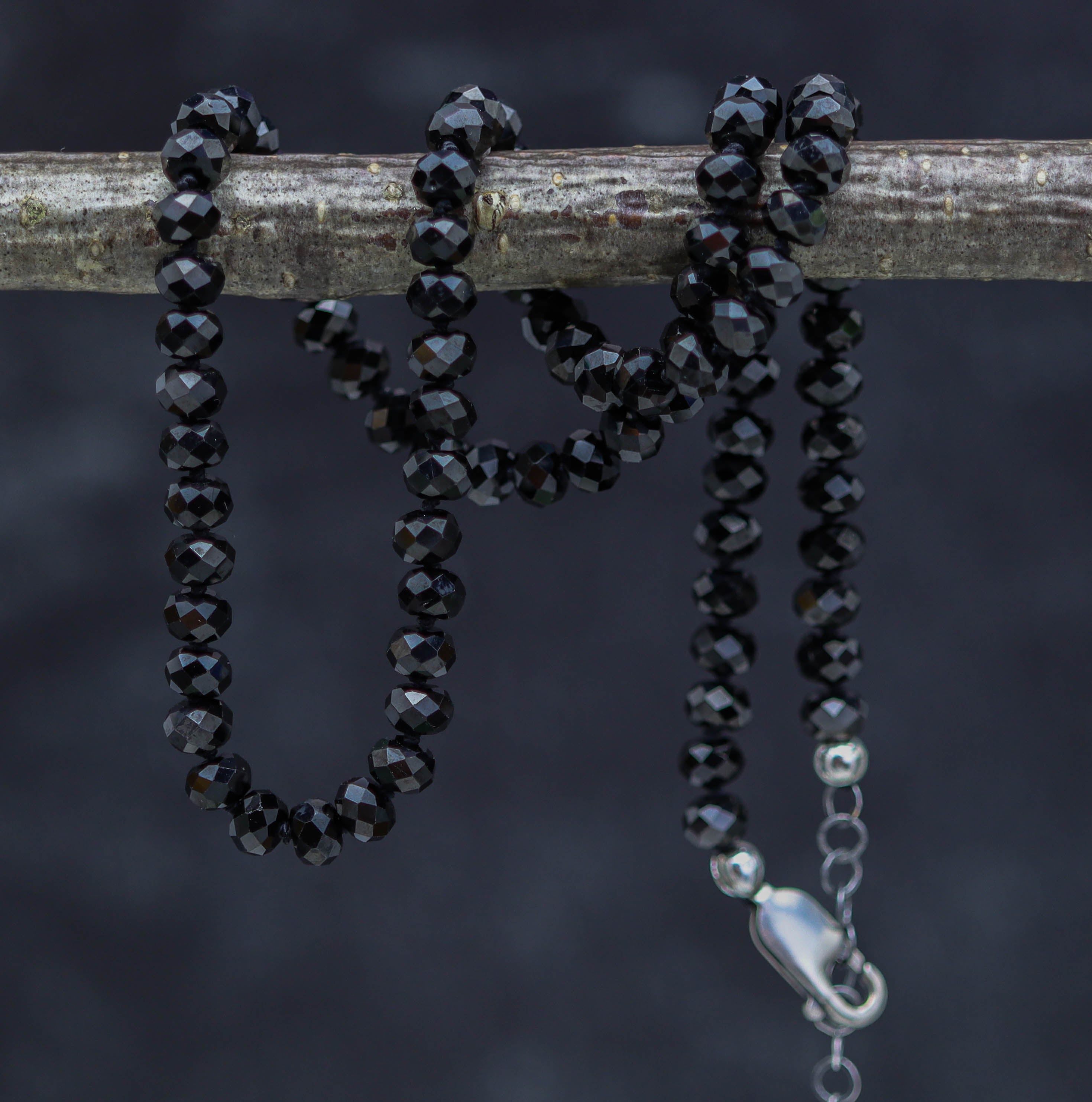 Sparkly Black Spinel Hand Knotted Bead Necklace Sterling Silver 16 Inch