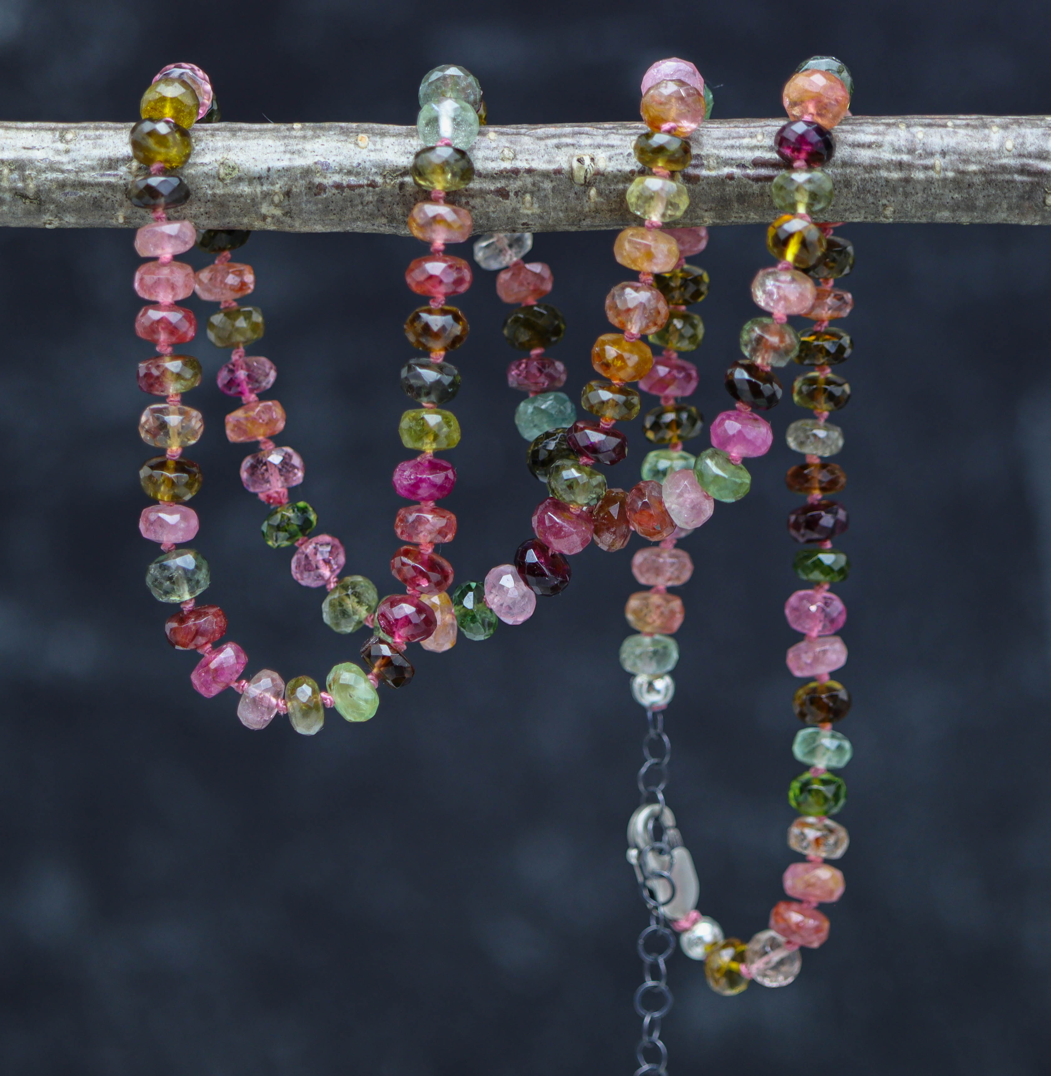 Multi Colored Tourmaline Hand Knotted Bead Necklace Sterling Silver