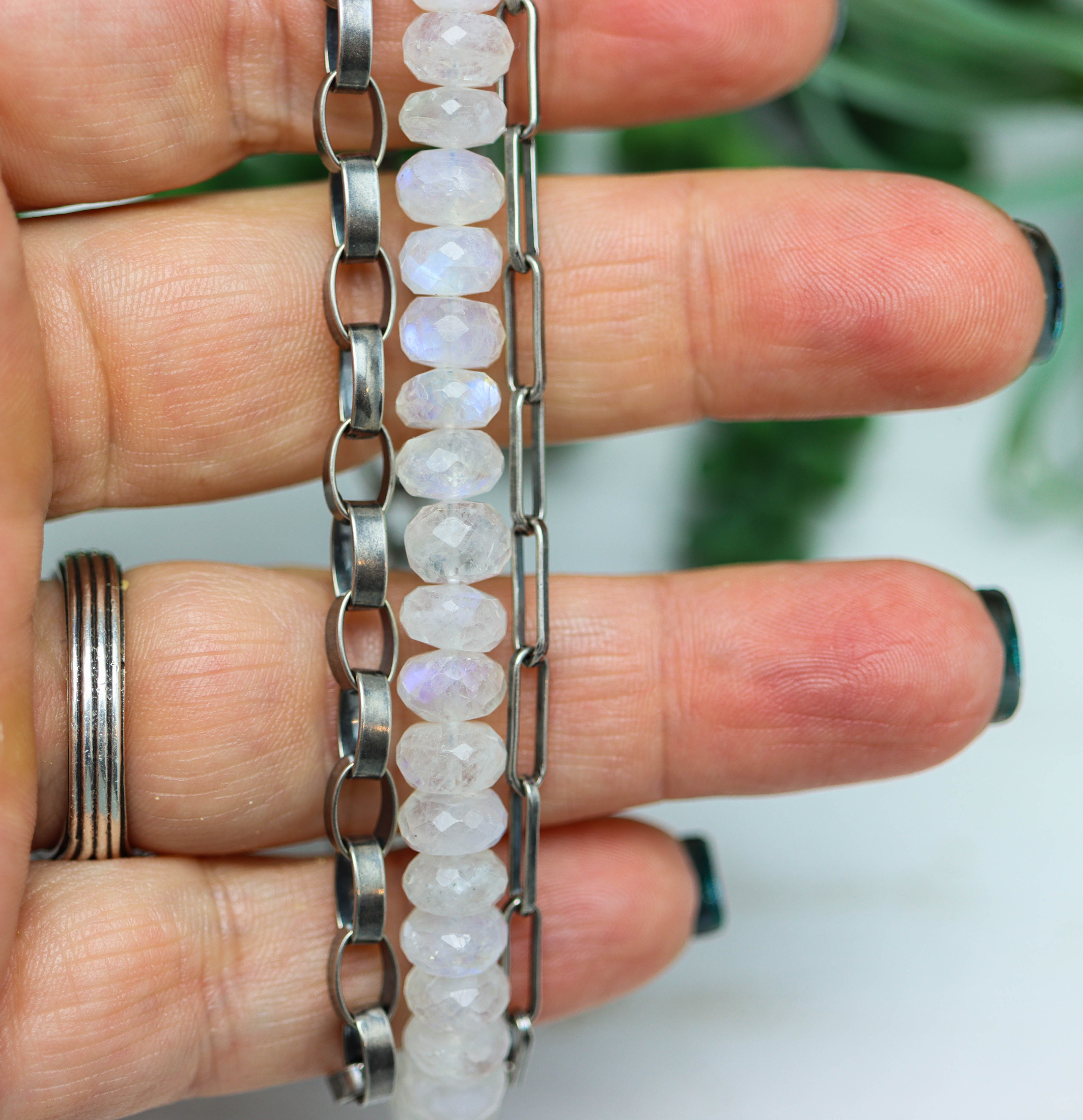Rainbow Moonstone & Sterling Silver Triple Strand Bracelet