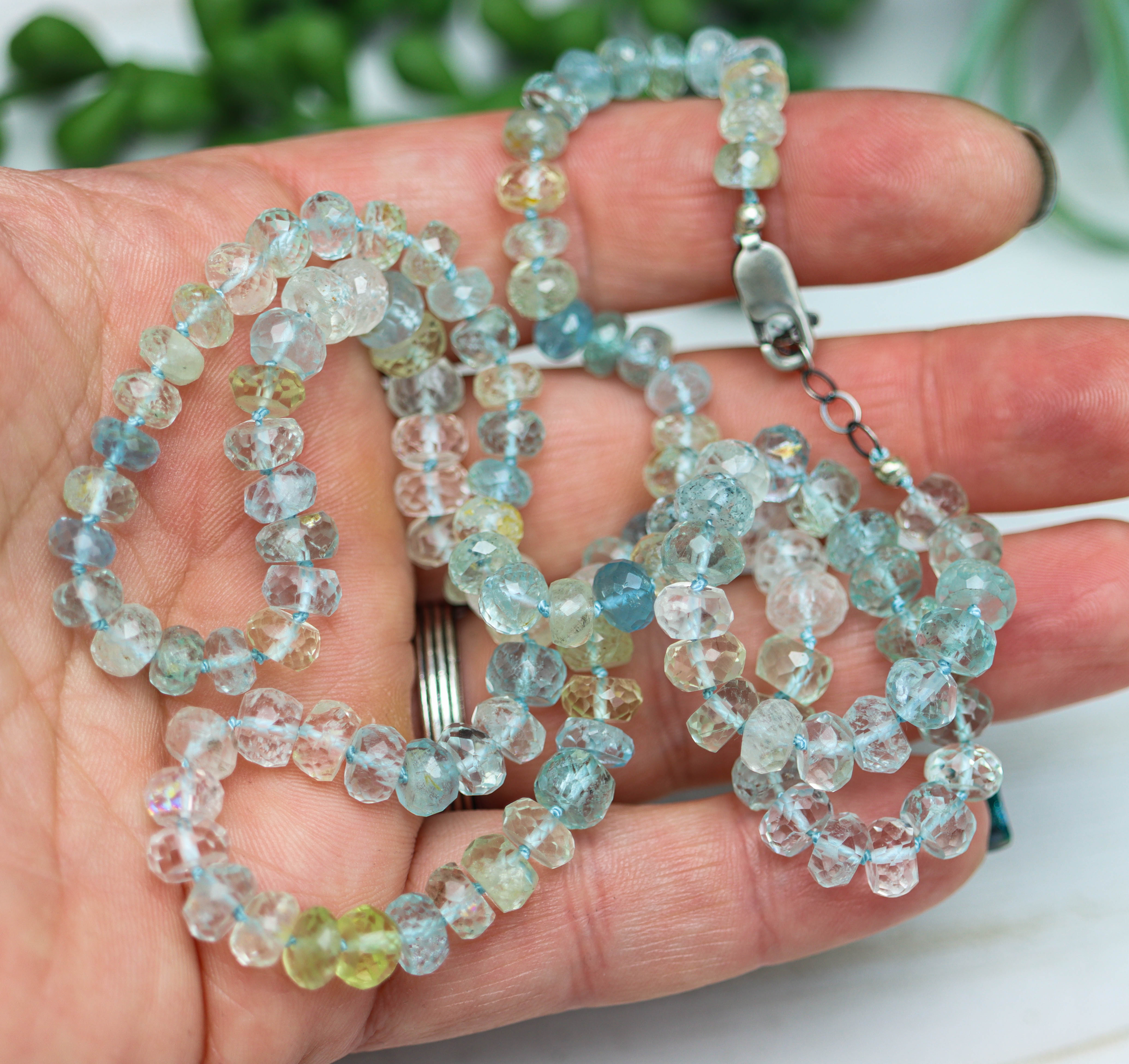 Multi Aquamarine Hand Knotted Bead Necklace Sterling Silver