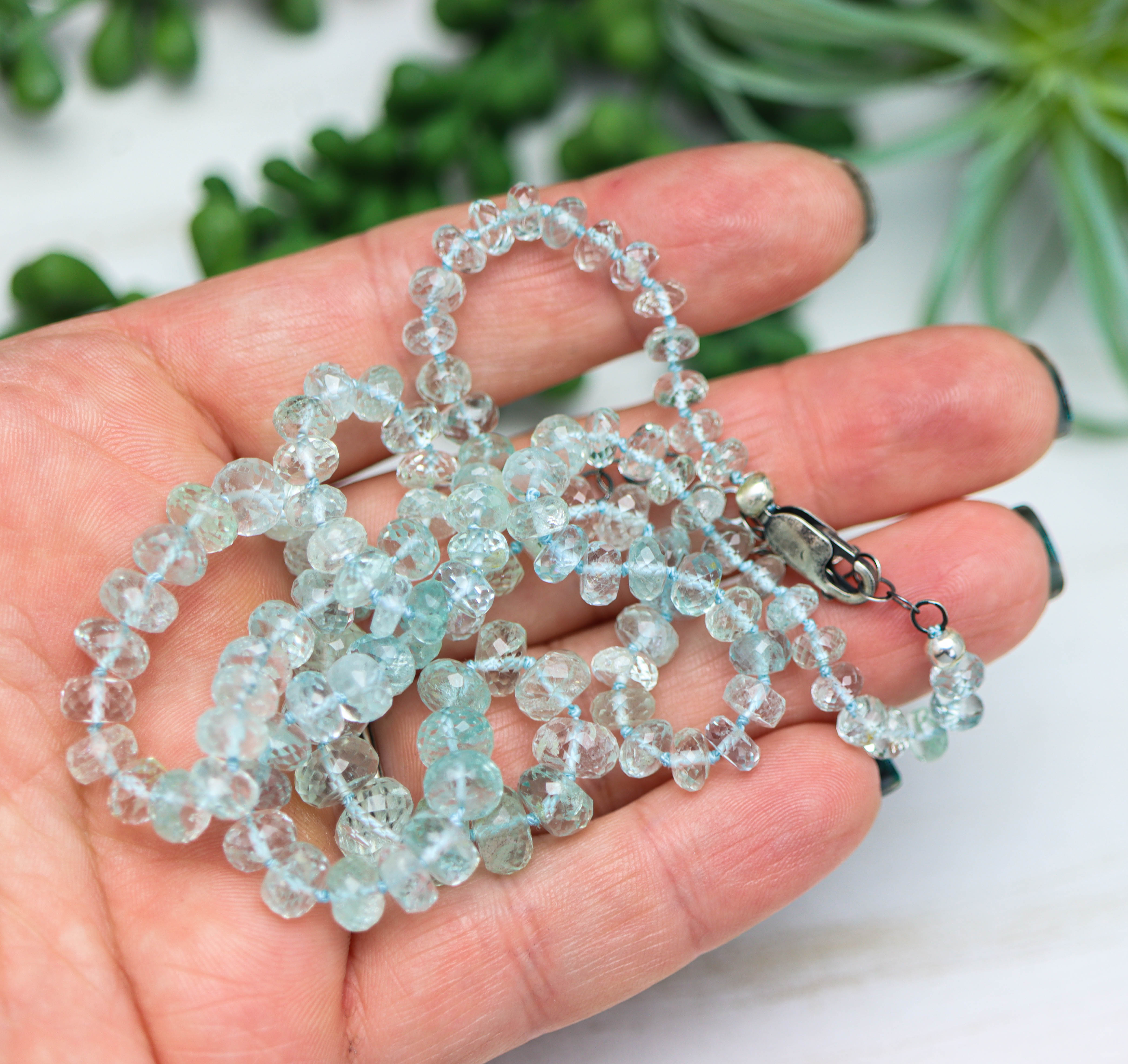 Icy Blue Aquamarine Hand Knotted Bead Necklace Sterling Silver