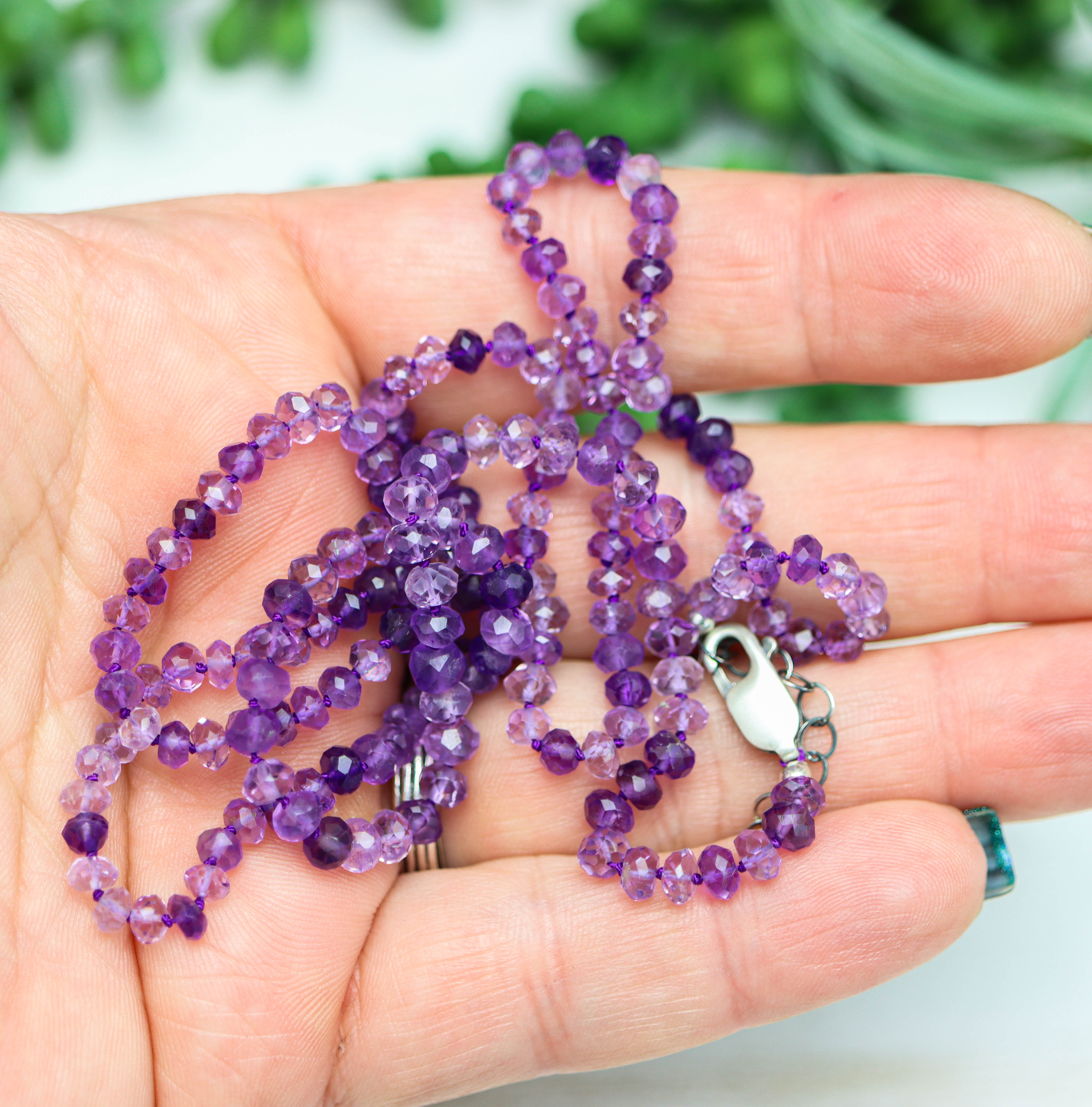 Ombre Amethyst Hand Knotted Bead Necklace Sterling Silver