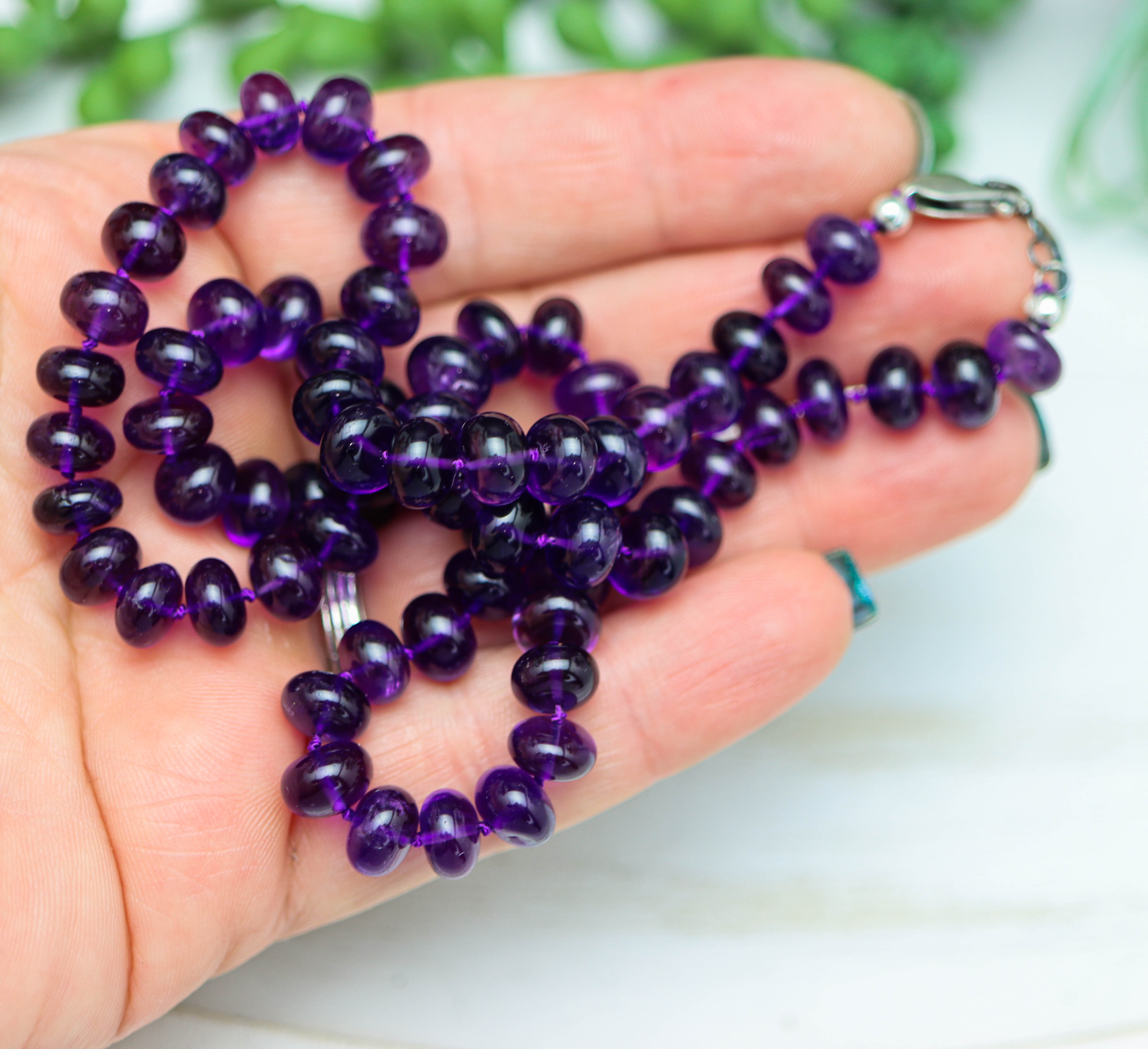 Amethyst Hand Knotted Bead Necklace Sterling Silver