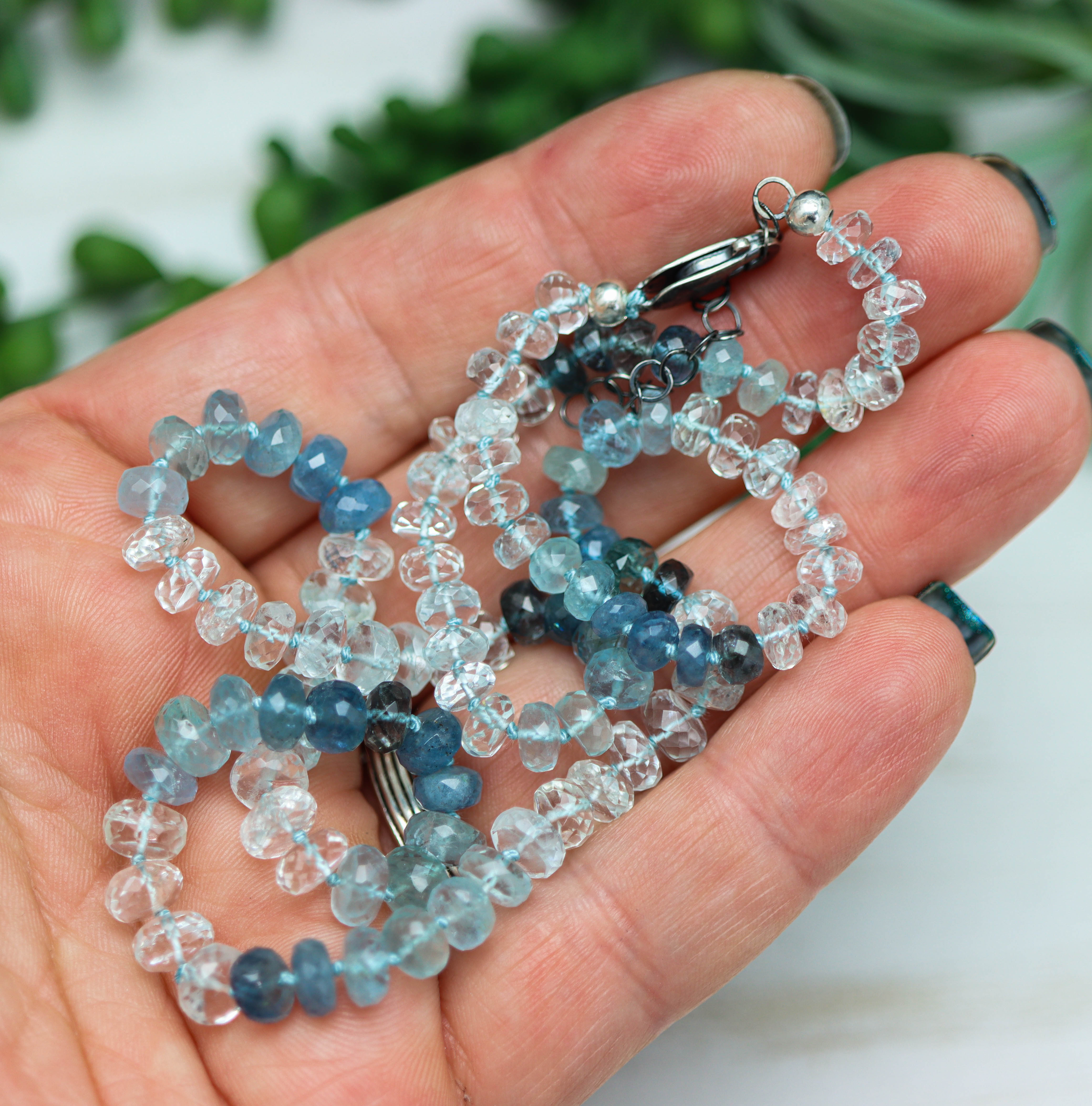 Stunning Blue Aquamarine Hand Knotted Bead Necklace Sterling Silver