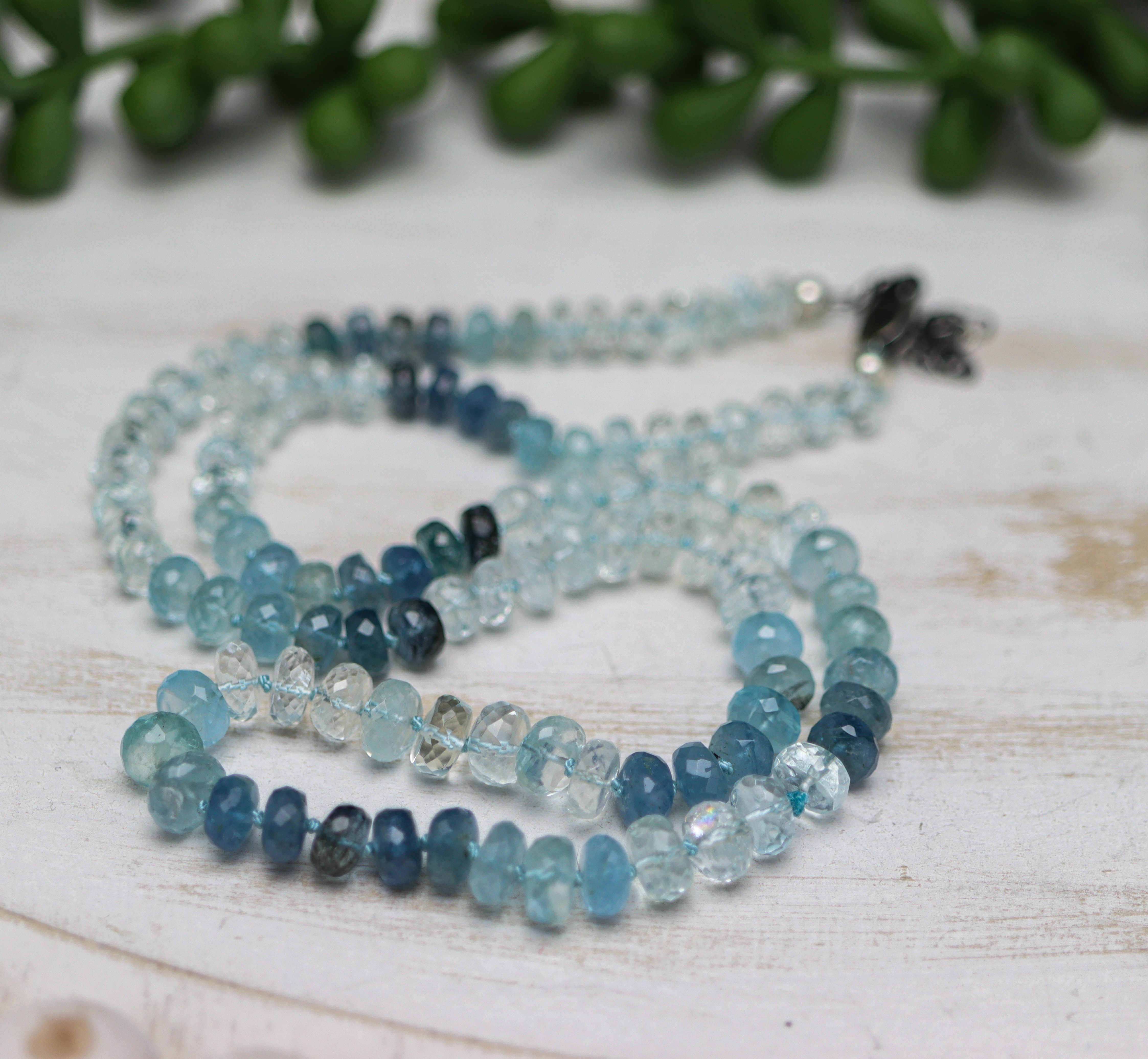 Stunning Blue Aquamarine Hand Knotted Bead Necklace Sterling Silver